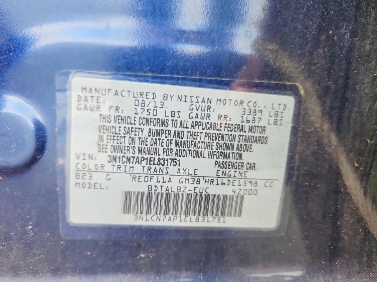 2014 Nissan Versa 1.6 Sv Blue vin: 3N1CN7AP1EL831751