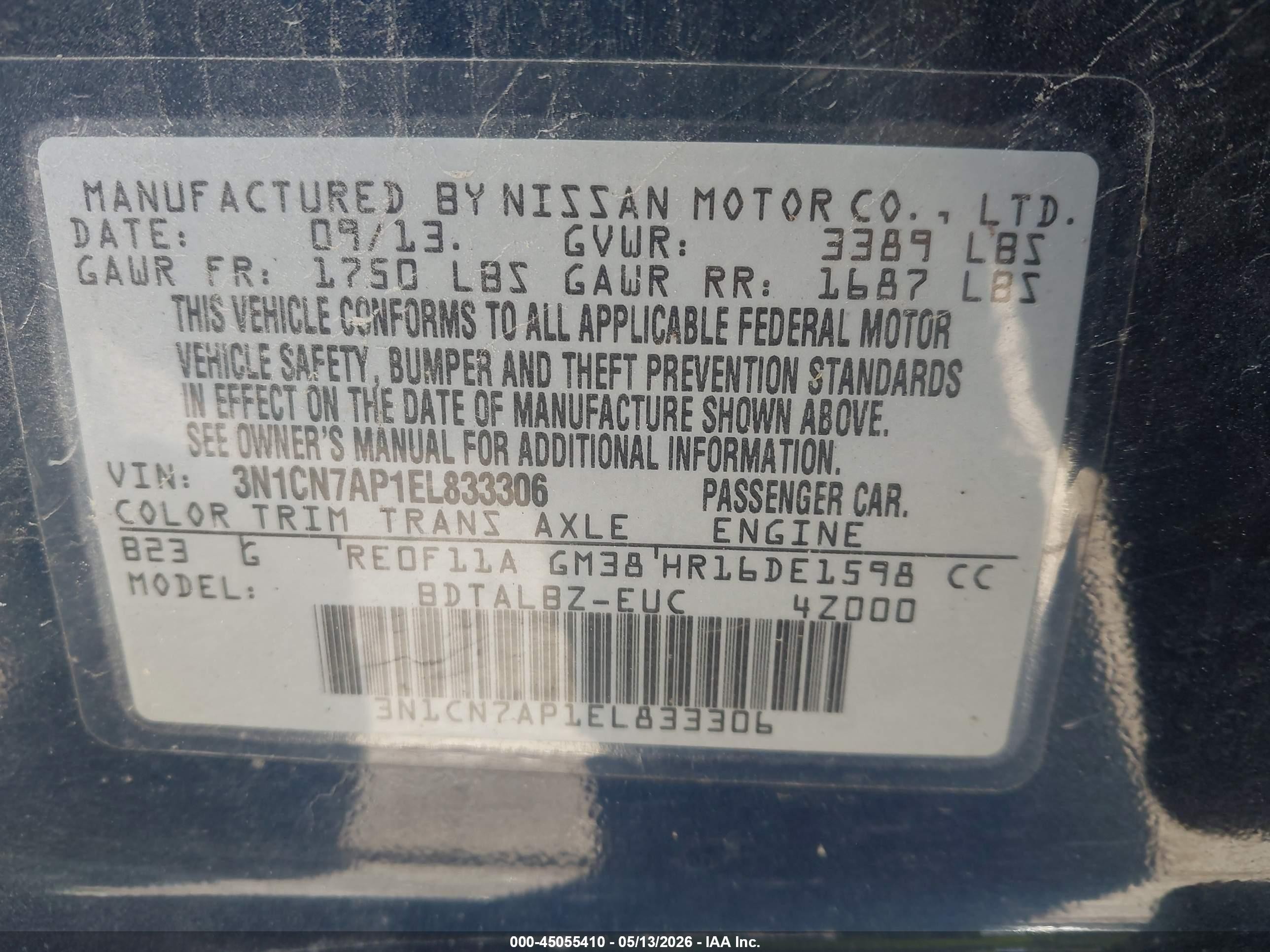 2014 Nissan Versa 1.6 Sv Синий vin: 3N1CN7AP1EL833306