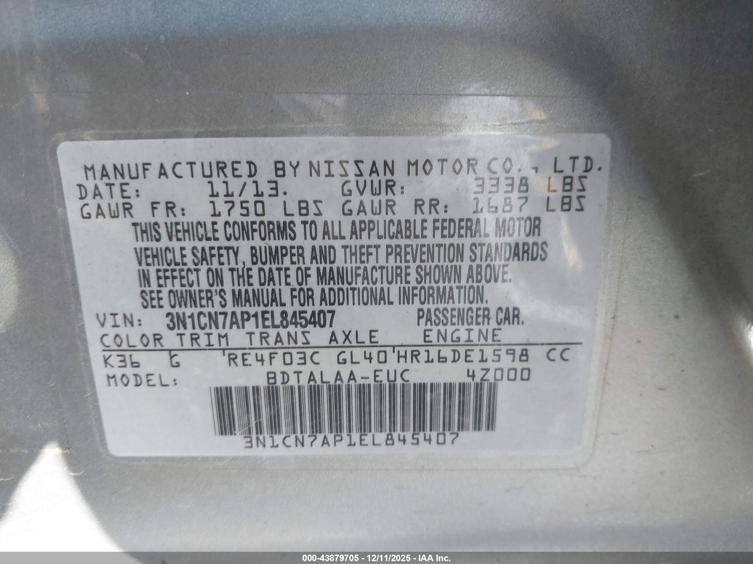 2014 Nissan Versa 1.6 S Gray vin: 3N1CN7AP1EL845407