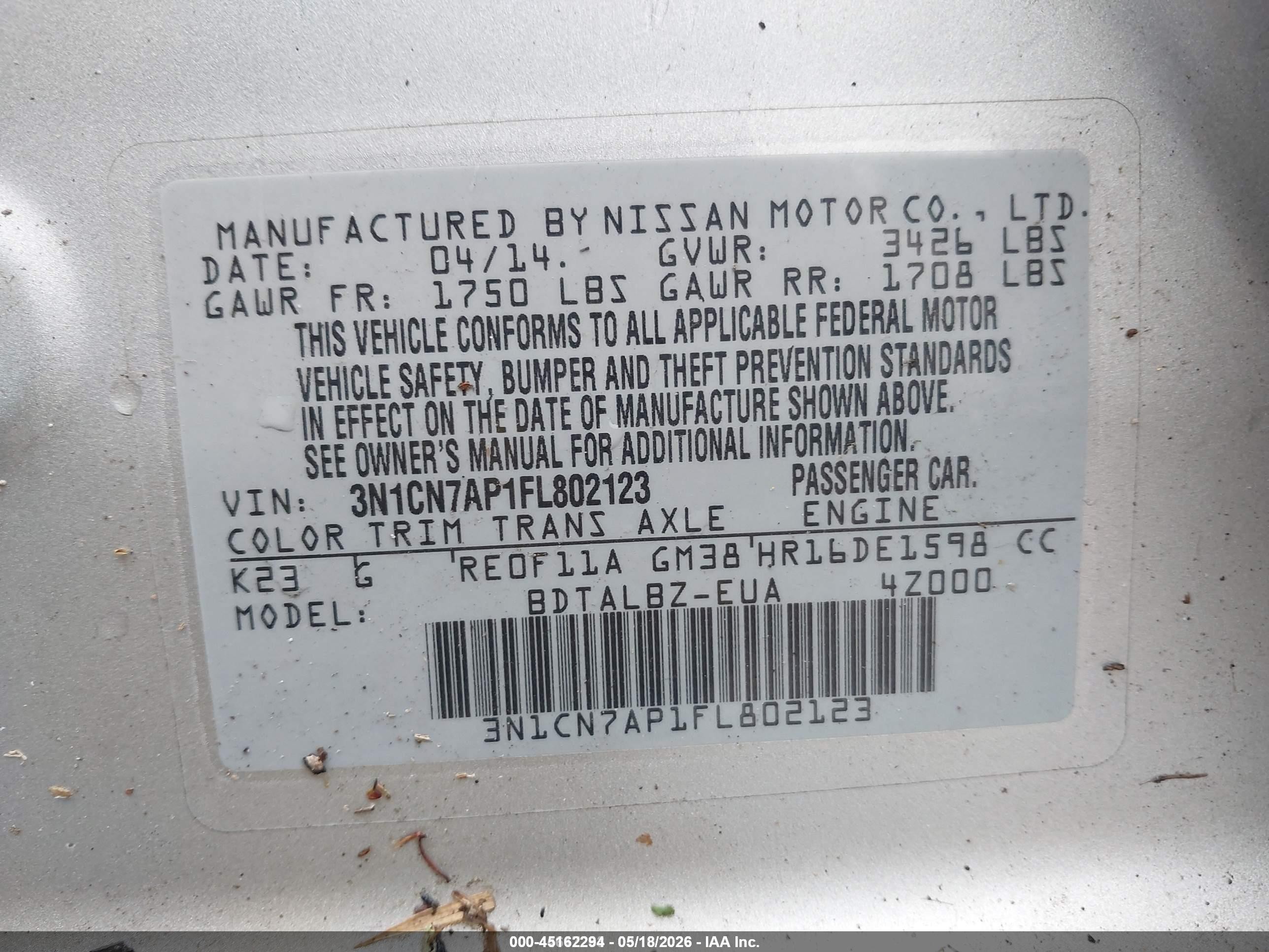 2015 Nissan Versa 1.6 Sv Silver vin: 3N1CN7AP1FL802123