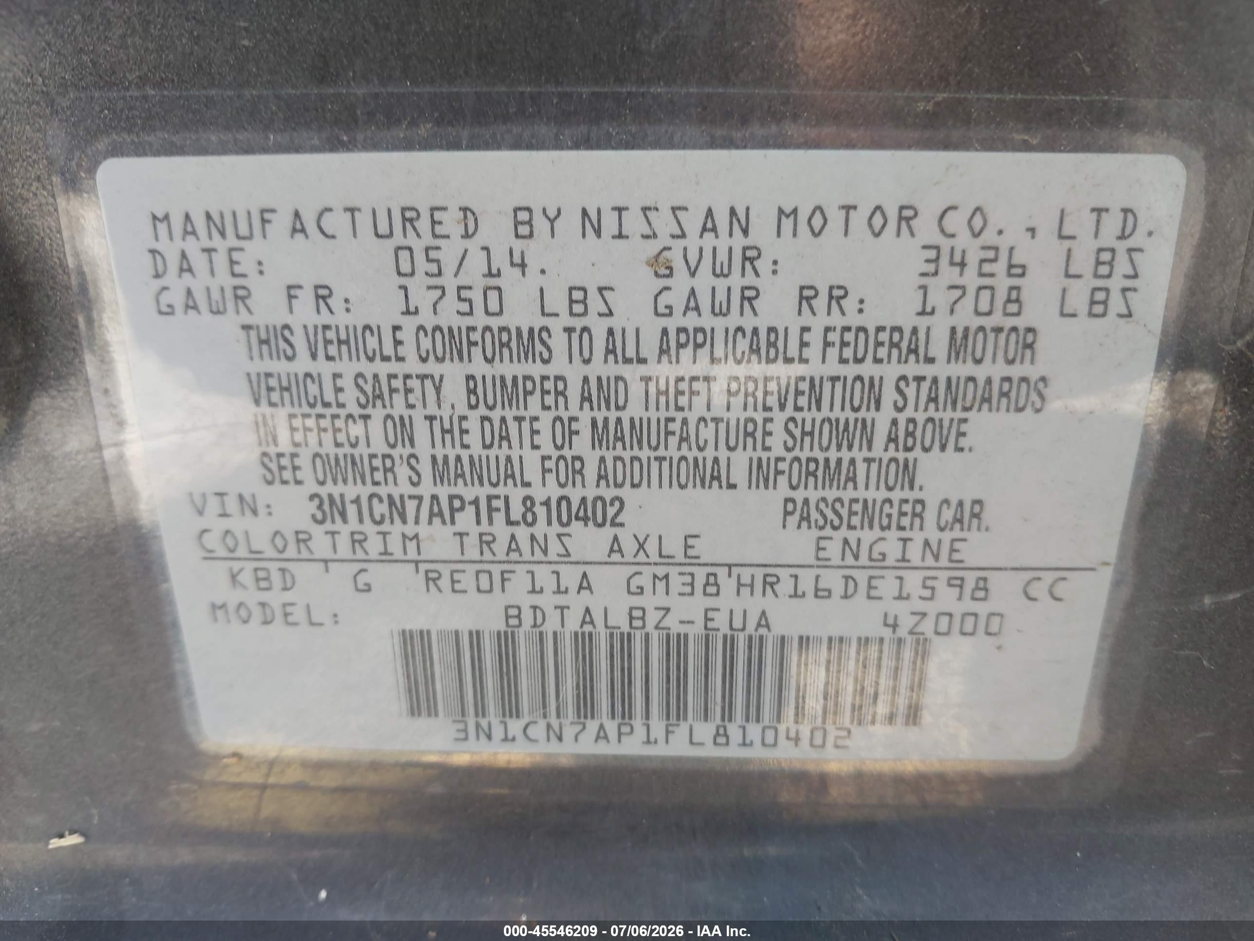 2015 Nissan Versa 1.6 Sv Brown vin: 3N1CN7AP1FL810402
