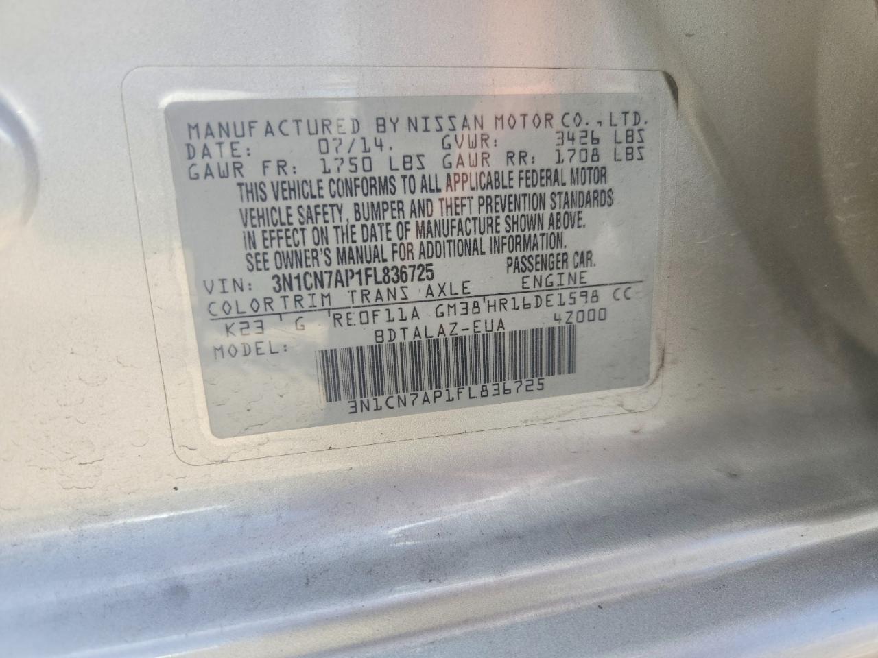 2015 Nissan Versa 1.6 S Plus Silver vin: 3N1CN7AP1FL836725