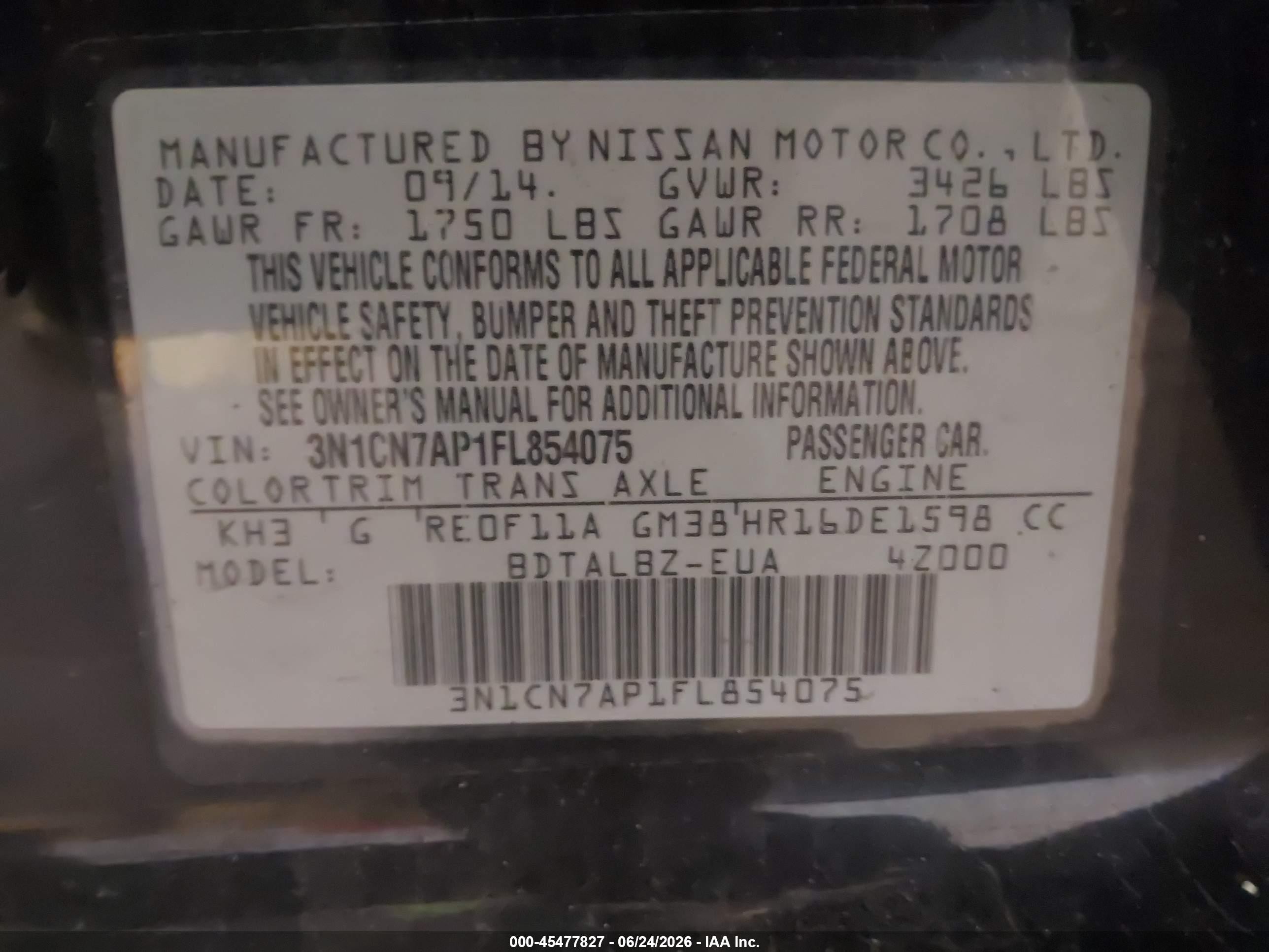 2015 Nissan Versa 1.6 Sv Black vin: 3N1CN7AP1FL854075