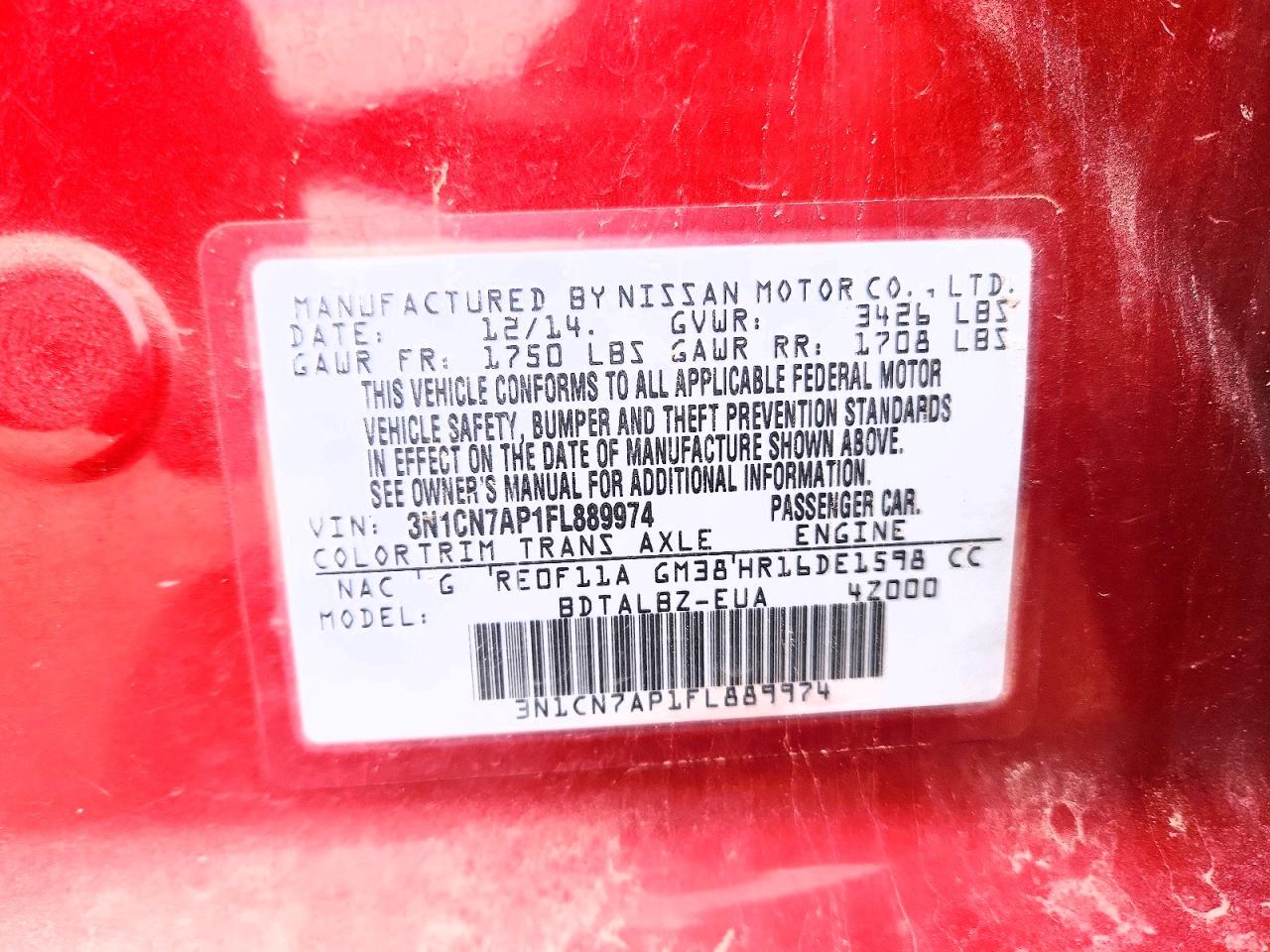 2015 Nissan Versa 1.6 Sv Red vin: 3N1CN7AP1FL889974