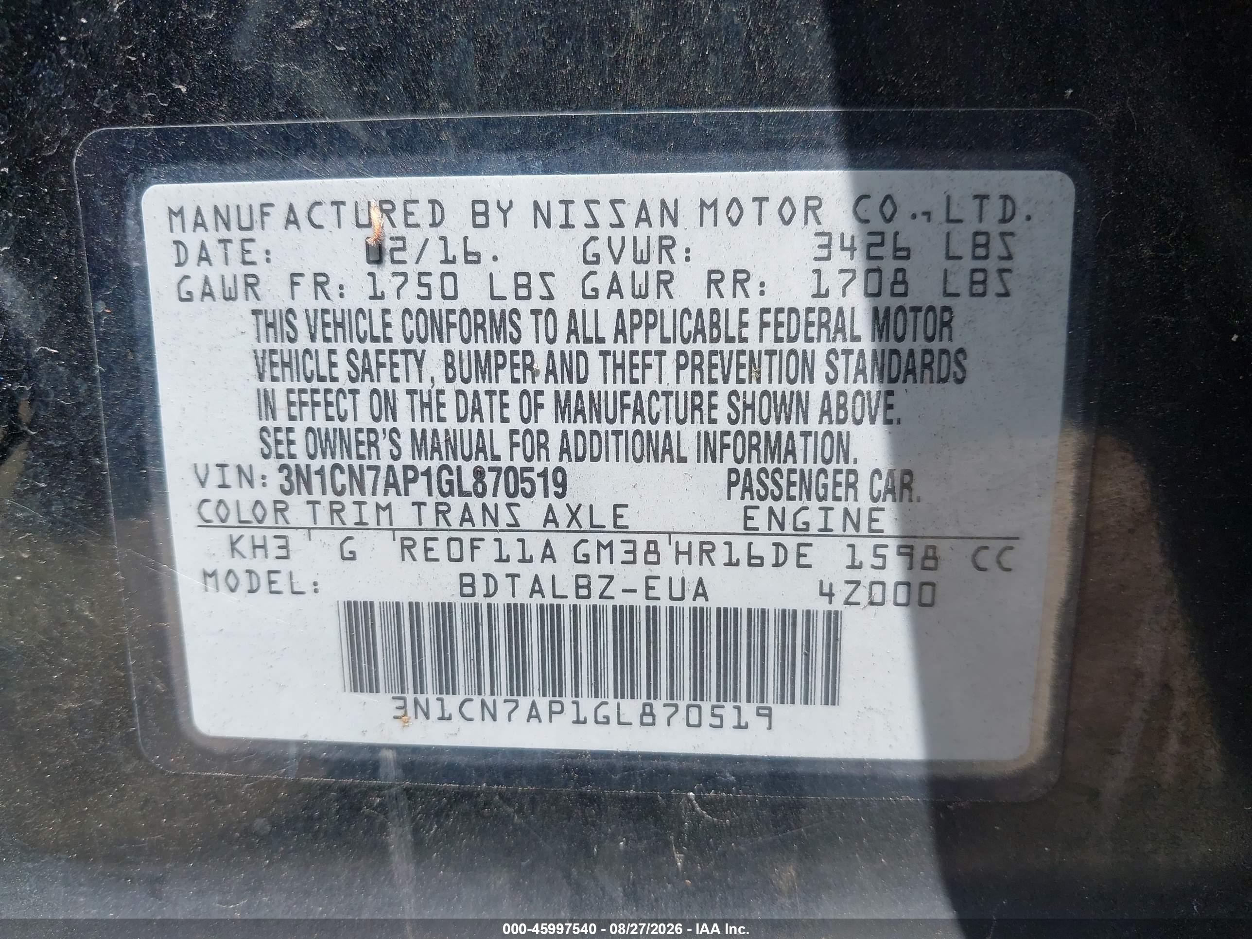 2016 Nissan Versa 1.6 S/1.6 S+/1.6 Sl/1.6 Sv Черный vin: 3N1CN7AP1GL870519