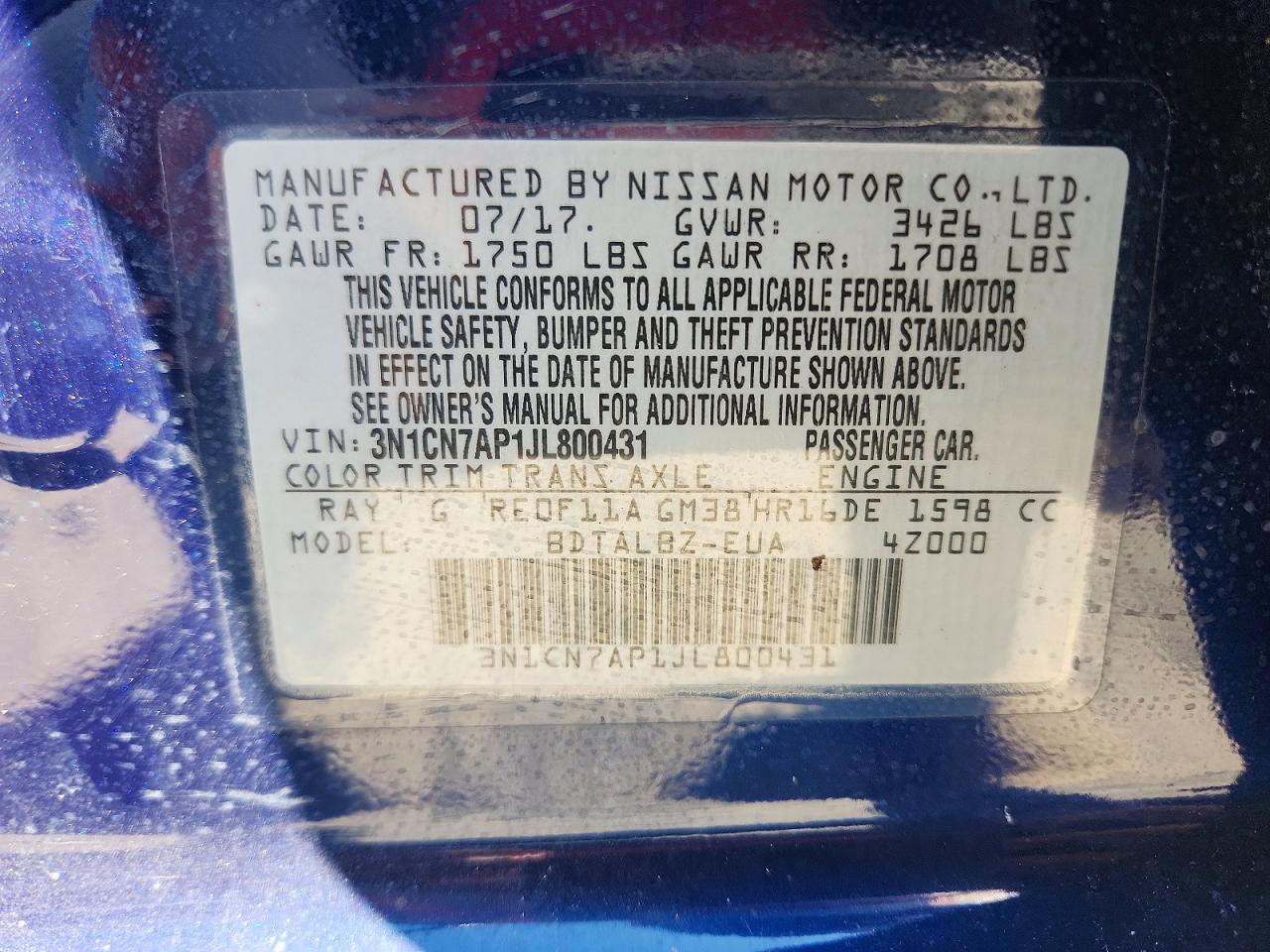 2018 Nissan Versa Sv Blue vin: 3N1CN7AP1JL800431