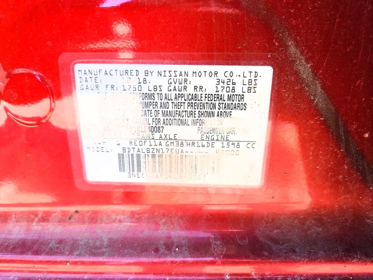 2019 Nissan Versa Sv Red vin: 3N1CN7AP1KL840087