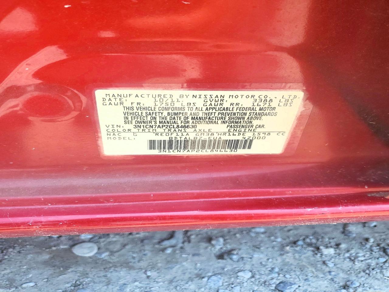 2012 Nissan Versa 1.6 S Red vin: 3N1CN7AP2CL846630