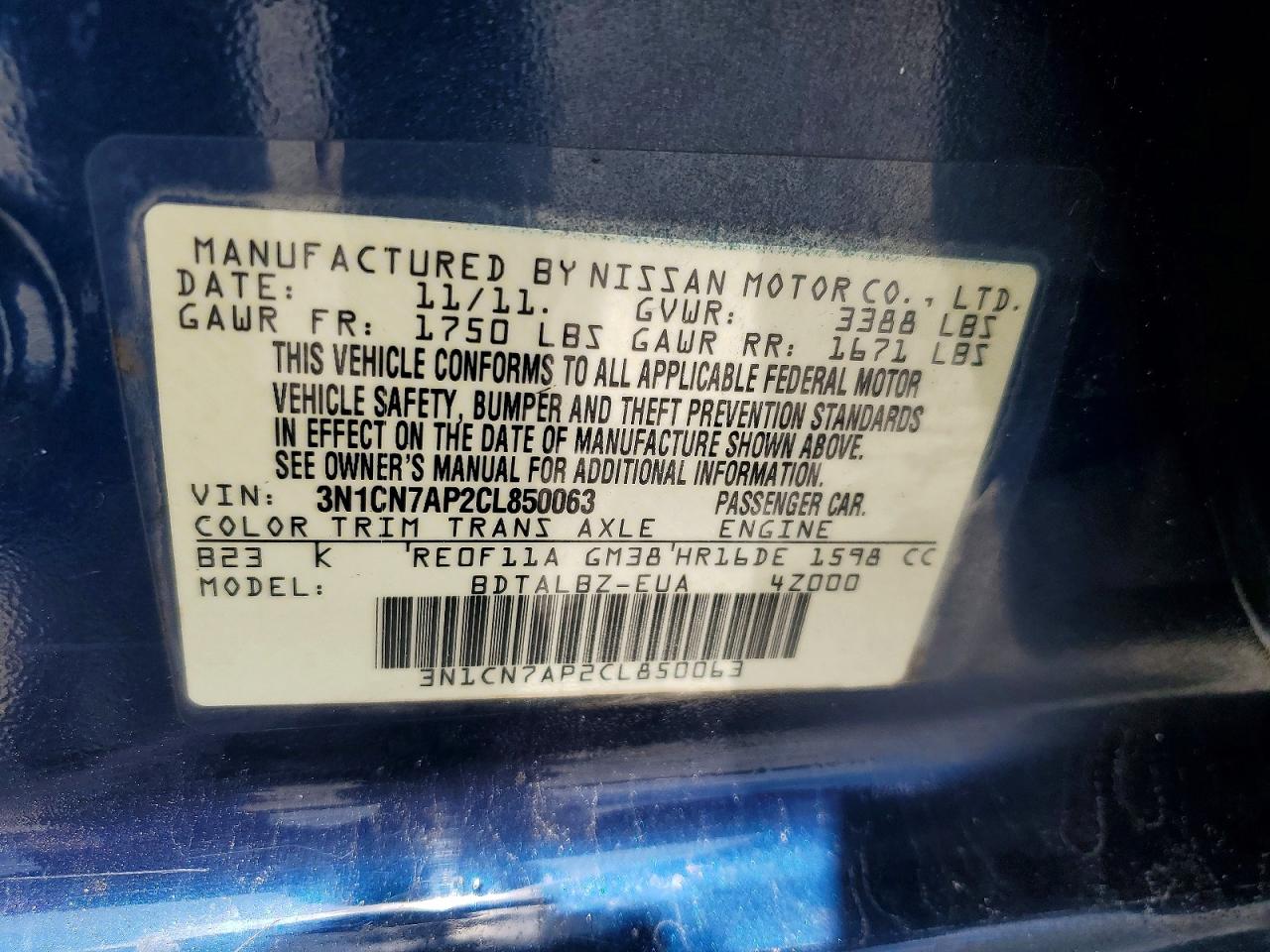 2012 Nissan Versa 1.6 S Blue vin: 3N1CN7AP2CL850063