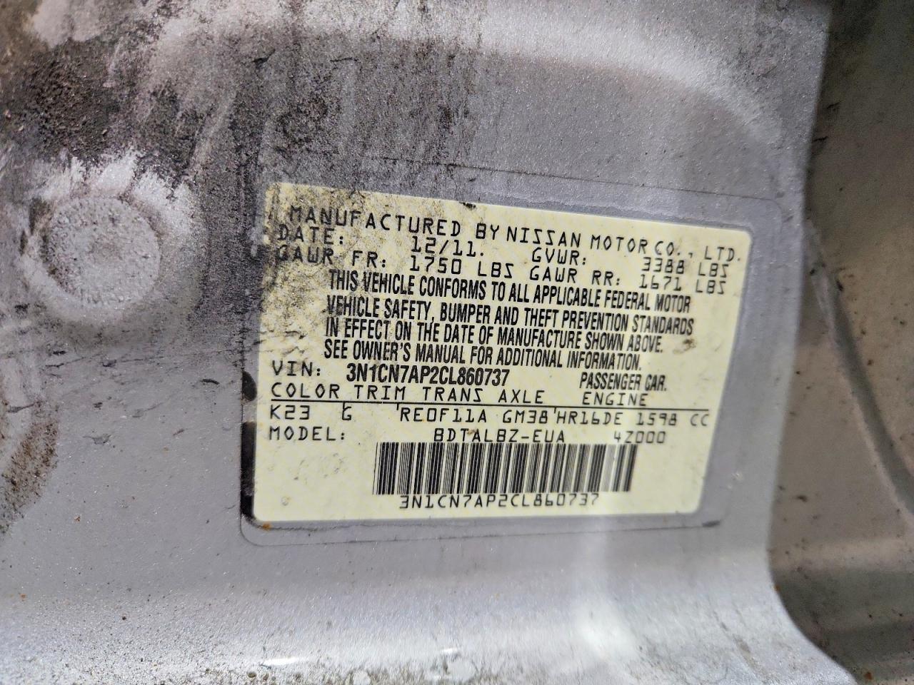 2012 Nissan Versa 1.6 S Silver vin: 3N1CN7AP2CL860737
