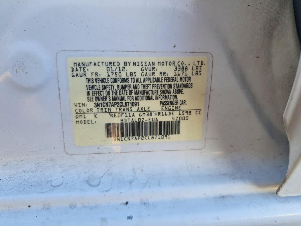 2012 Nissan Versa White vin: 3N1CN7AP2CL871091