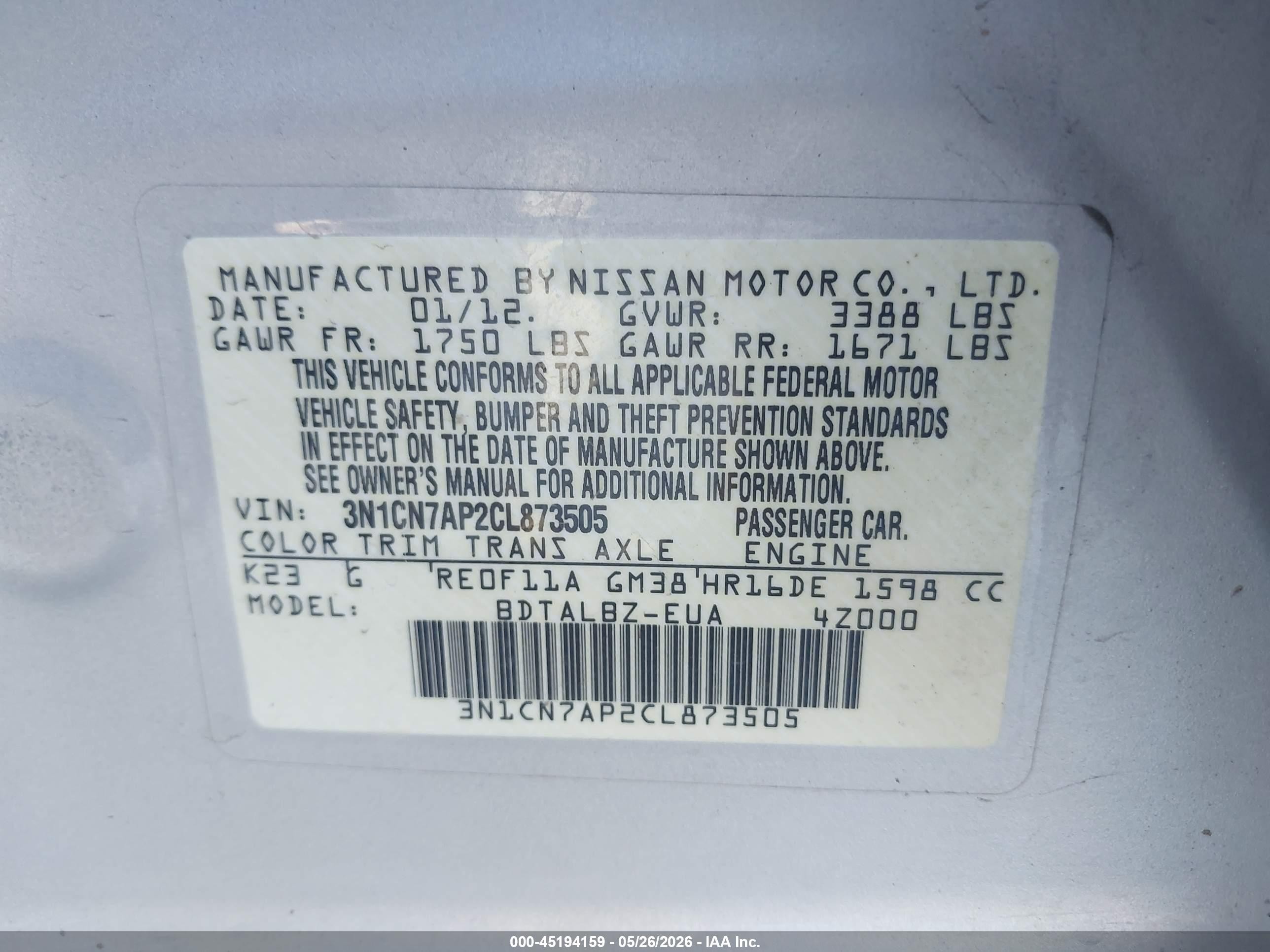 2012 Nissan Versa 1.6 Sv Silver vin: 3N1CN7AP2CL873505