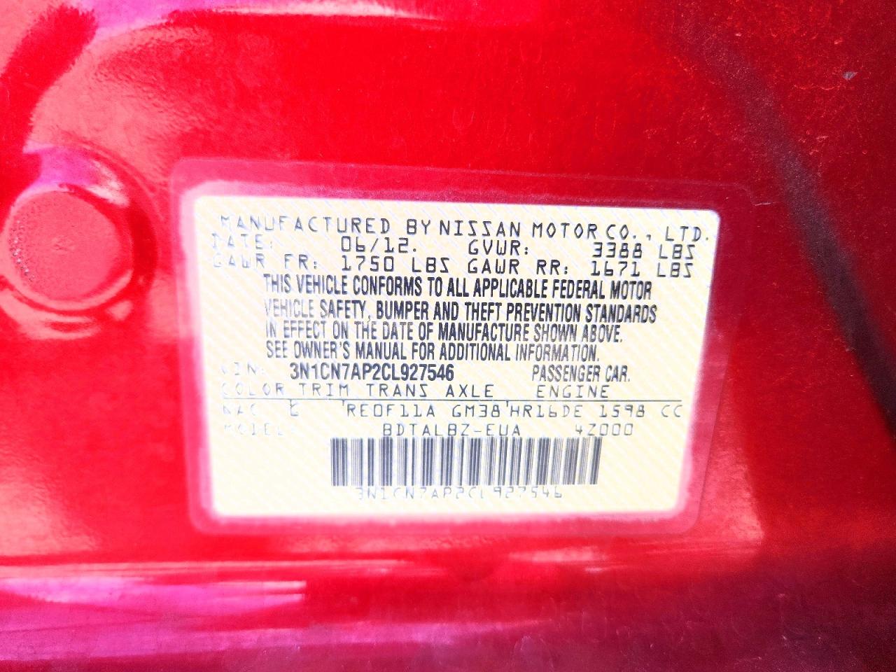 2012 Nissan Versa 1.6 S Red vin: 3N1CN7AP2CL927546