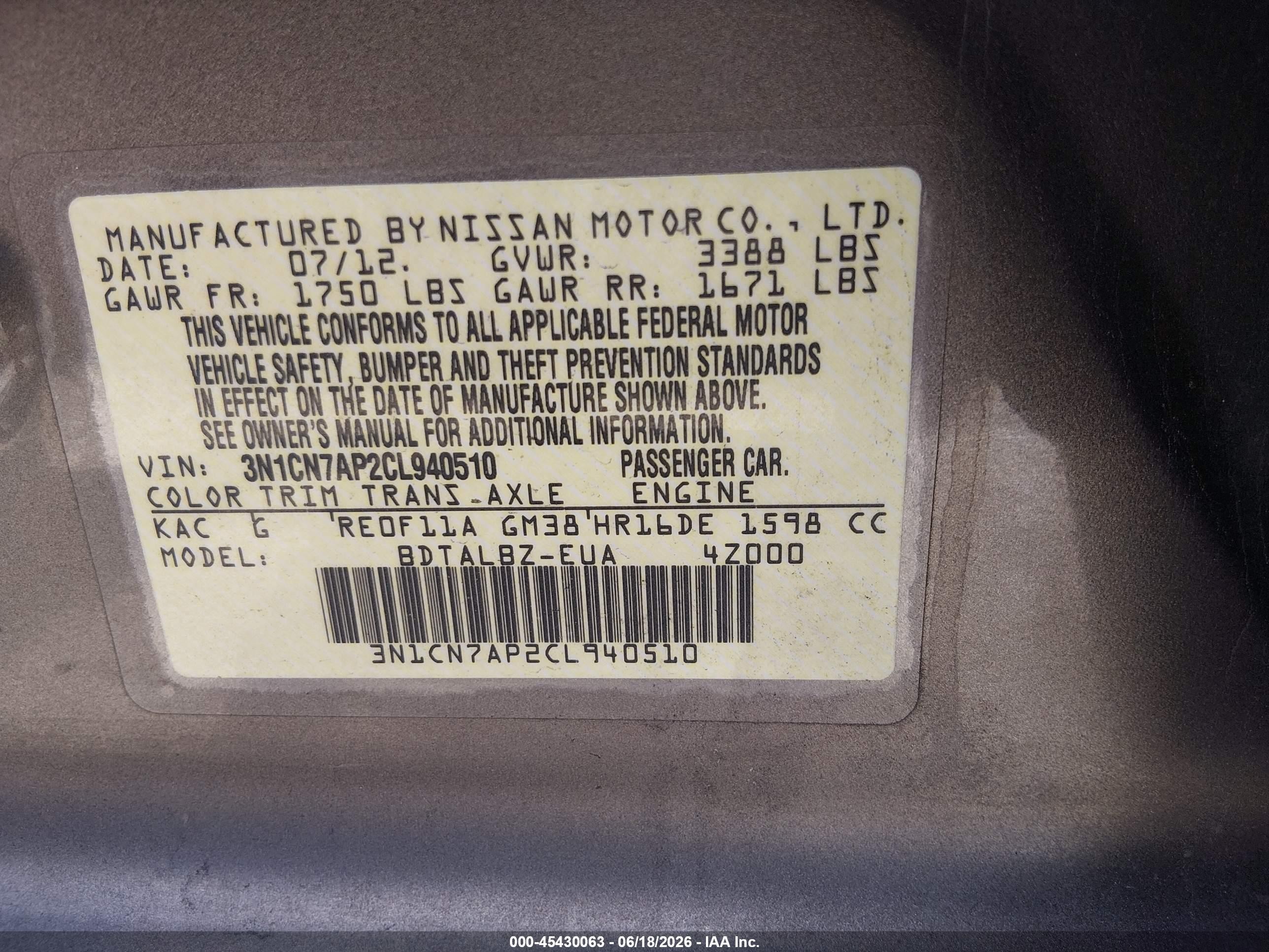 2012 Nissan Versa 1.6 Sv Gray vin: 3N1CN7AP2CL940510