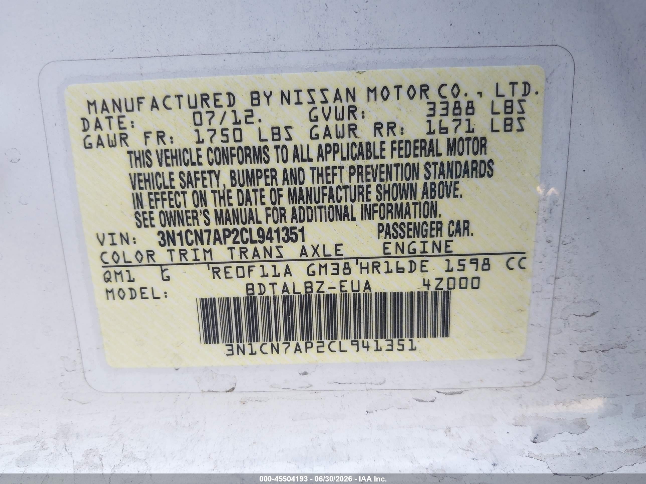 2012 Nissan Versa 1.6 Sv White vin: 3N1CN7AP2CL941351