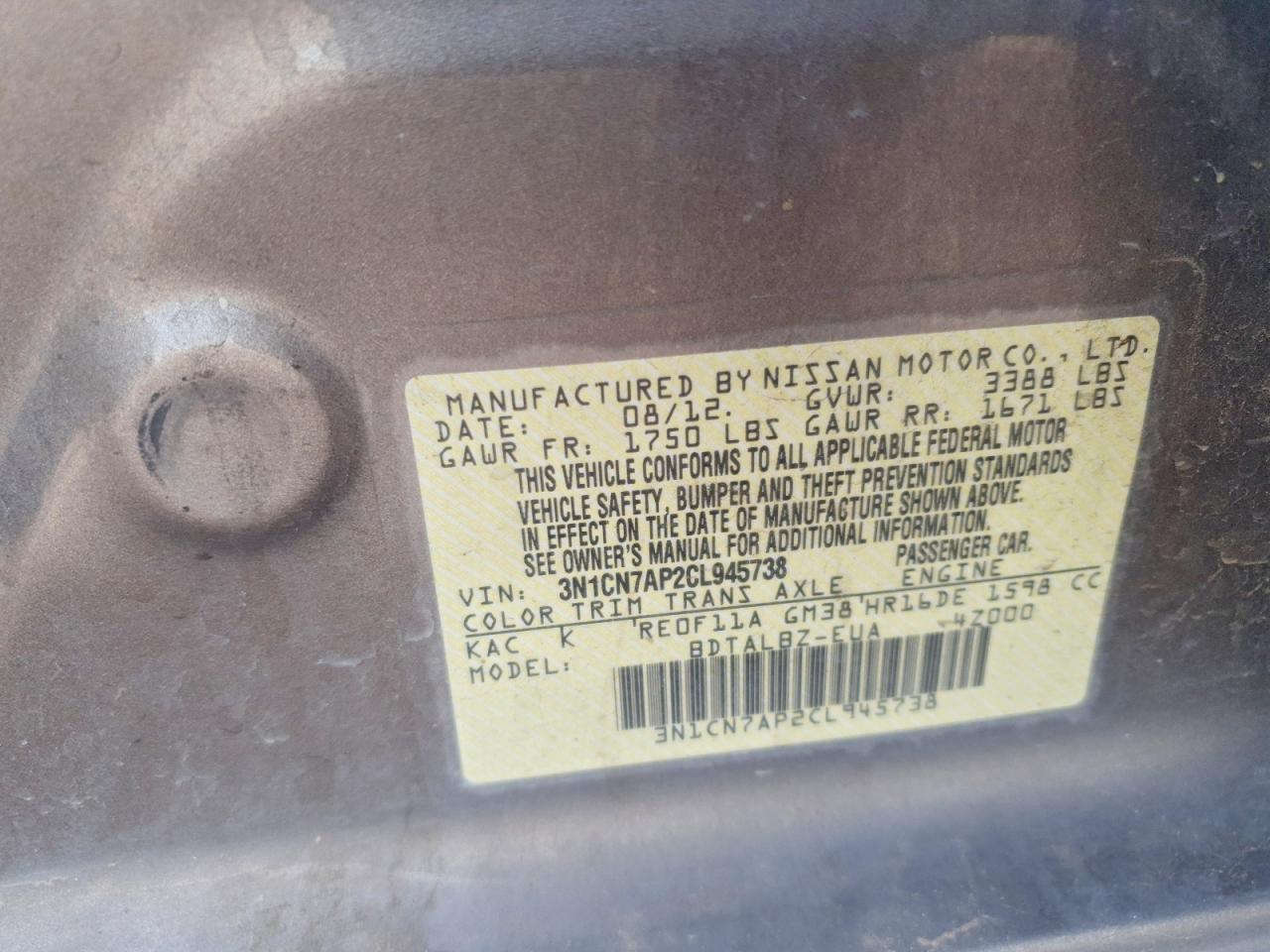 2012 Nissan Versa 1.6 S Tan vin: 3N1CN7AP2CL945738