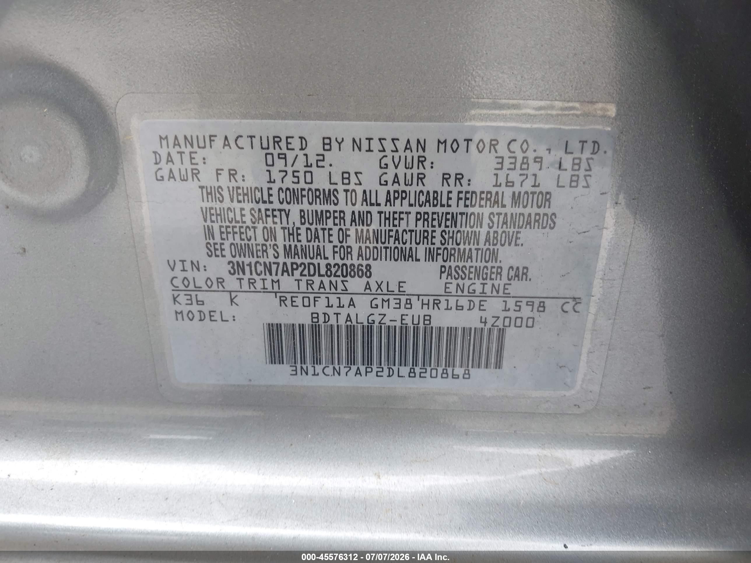 2013 Nissan Versa 1.6 Sl Gray vin: 3N1CN7AP2DL820868