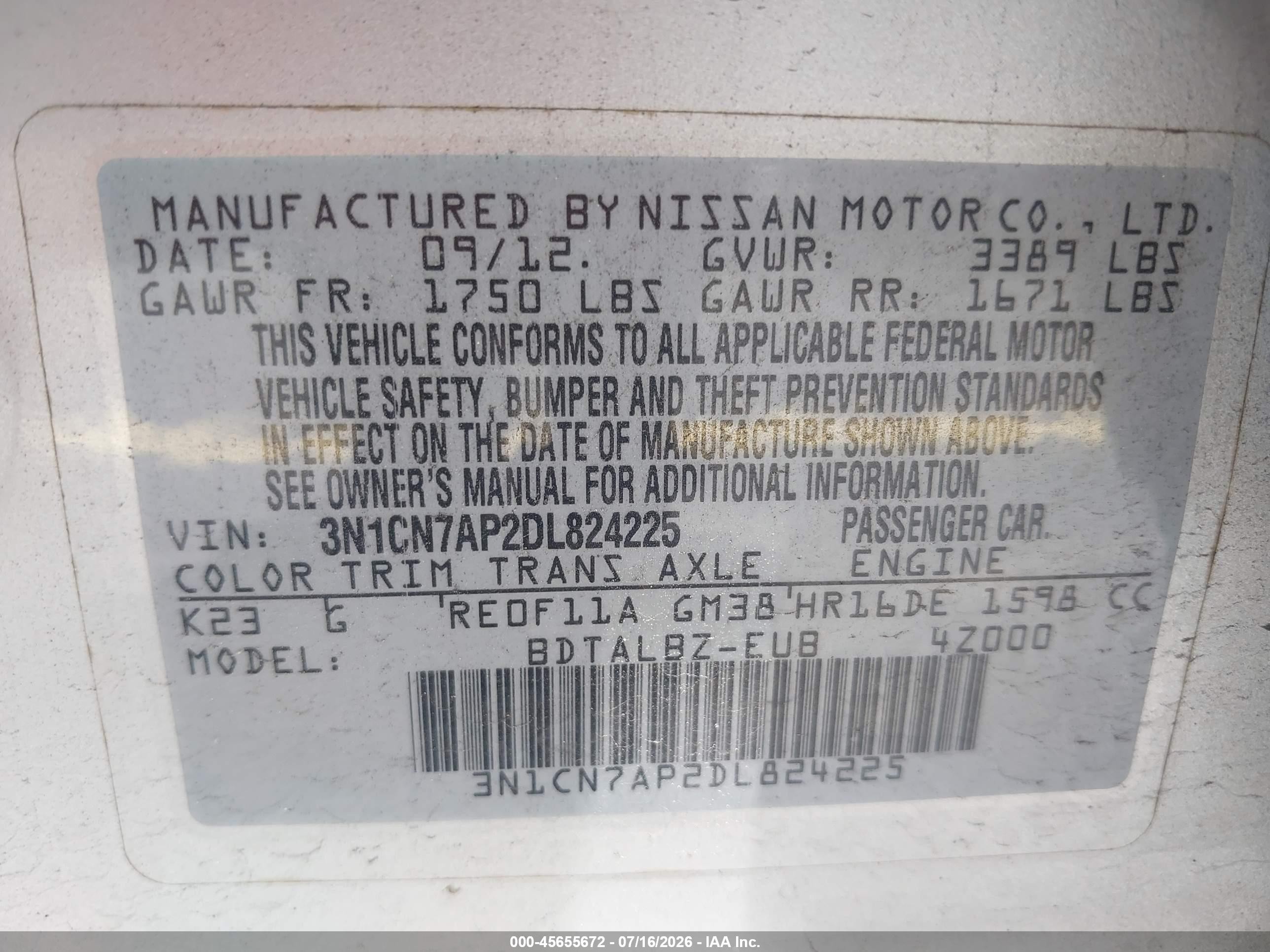 2013 Nissan Versa 1.6 Sv Silver vin: 3N1CN7AP2DL824225