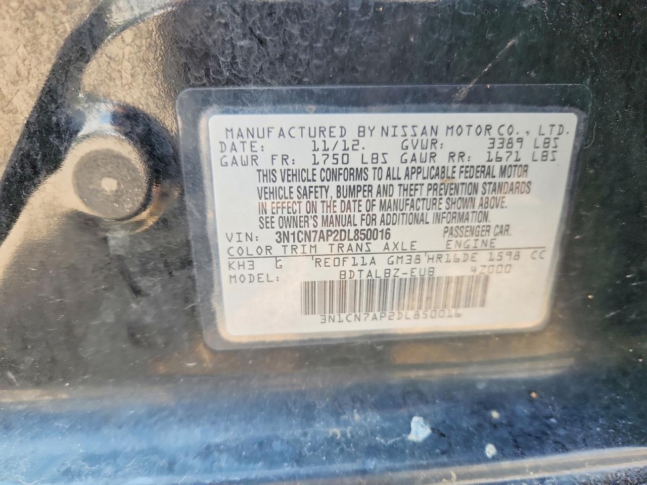 2013 Nissan Versa 1.6 S Black vin: 3N1CN7AP2DL850016