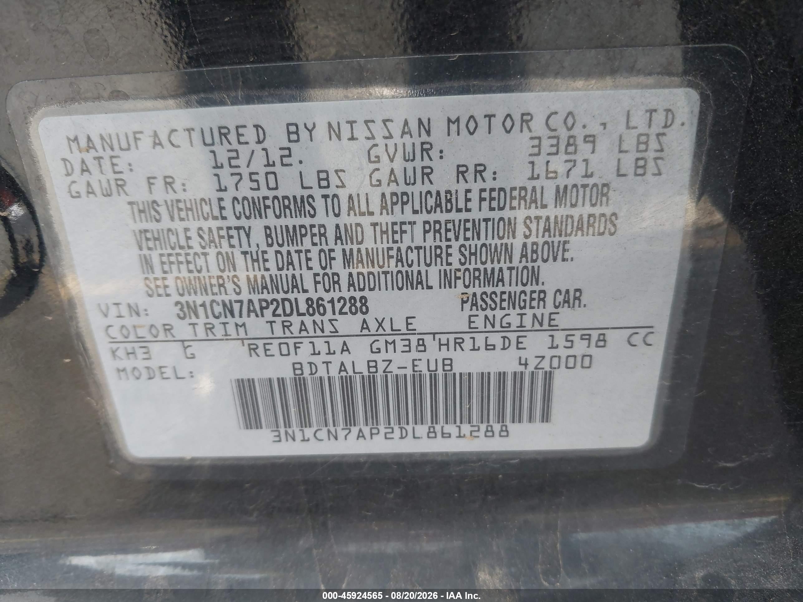 2013 Nissan Versa 1.6 Sv Black vin: 3N1CN7AP2DL861288