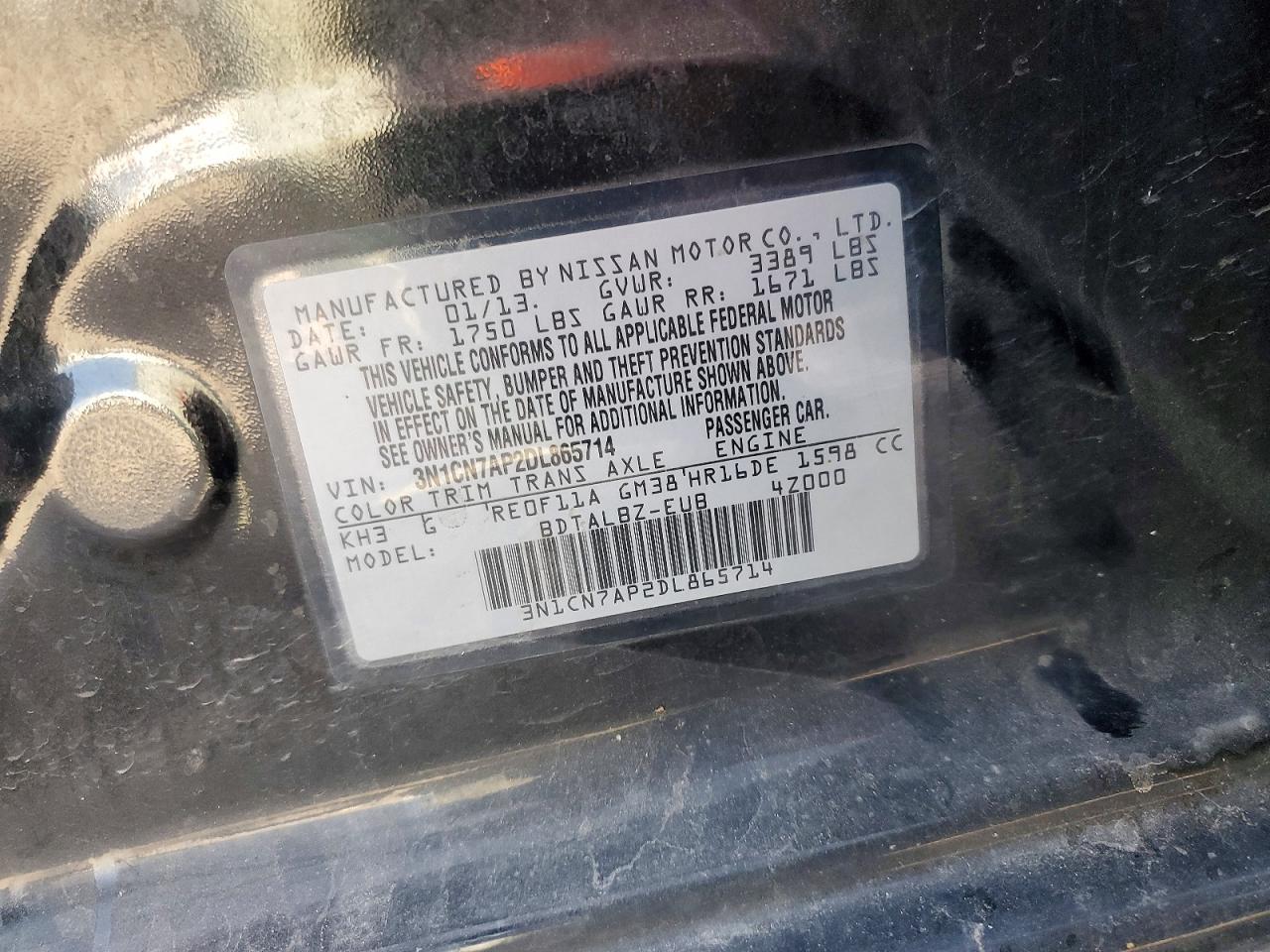 2013 Nissan Versa 1.6 S Черный vin: 3N1CN7AP2DL865714