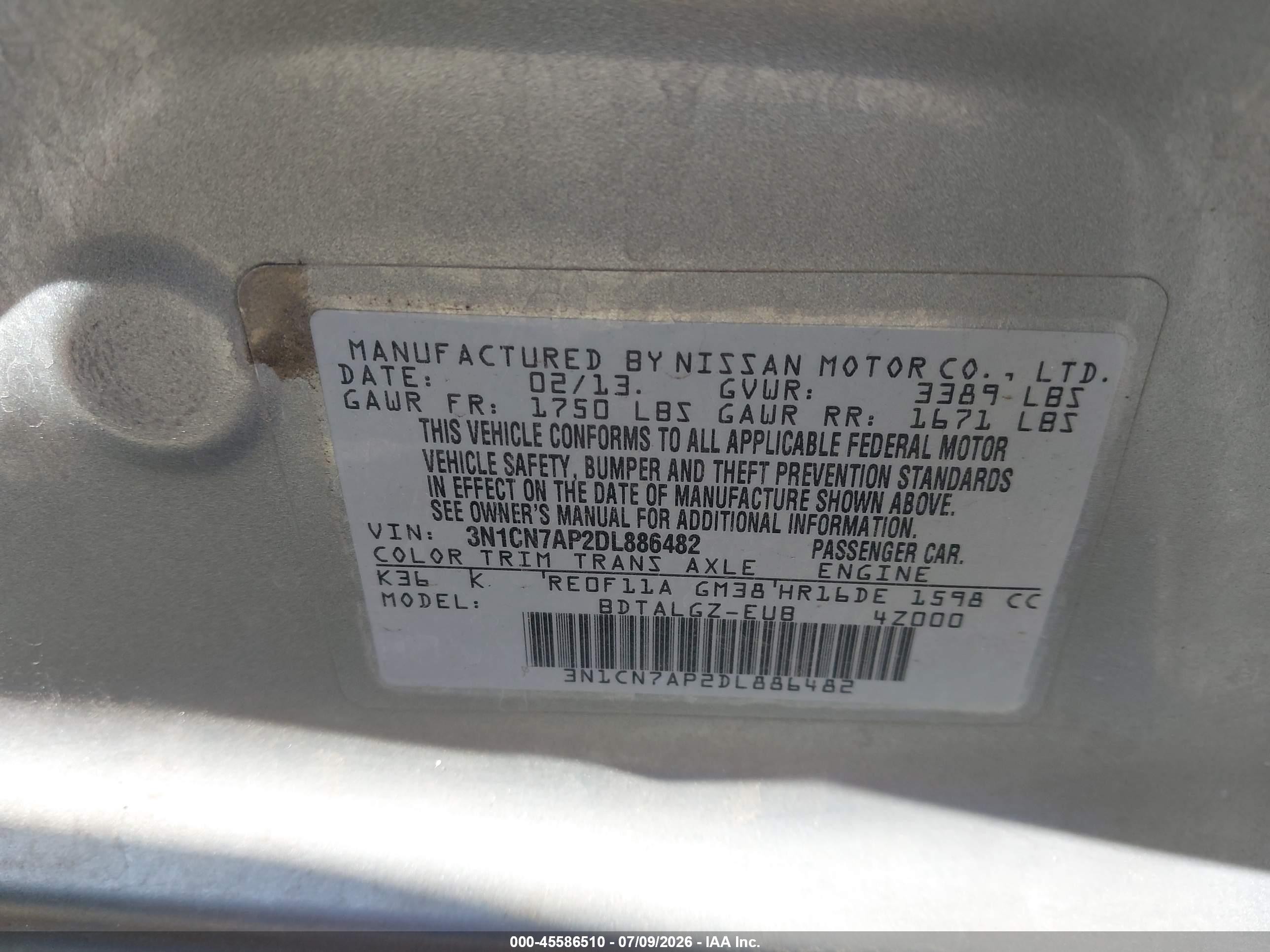 2013 Nissan Versa 1.6 Sl Серебряный vin: 3N1CN7AP2DL886482