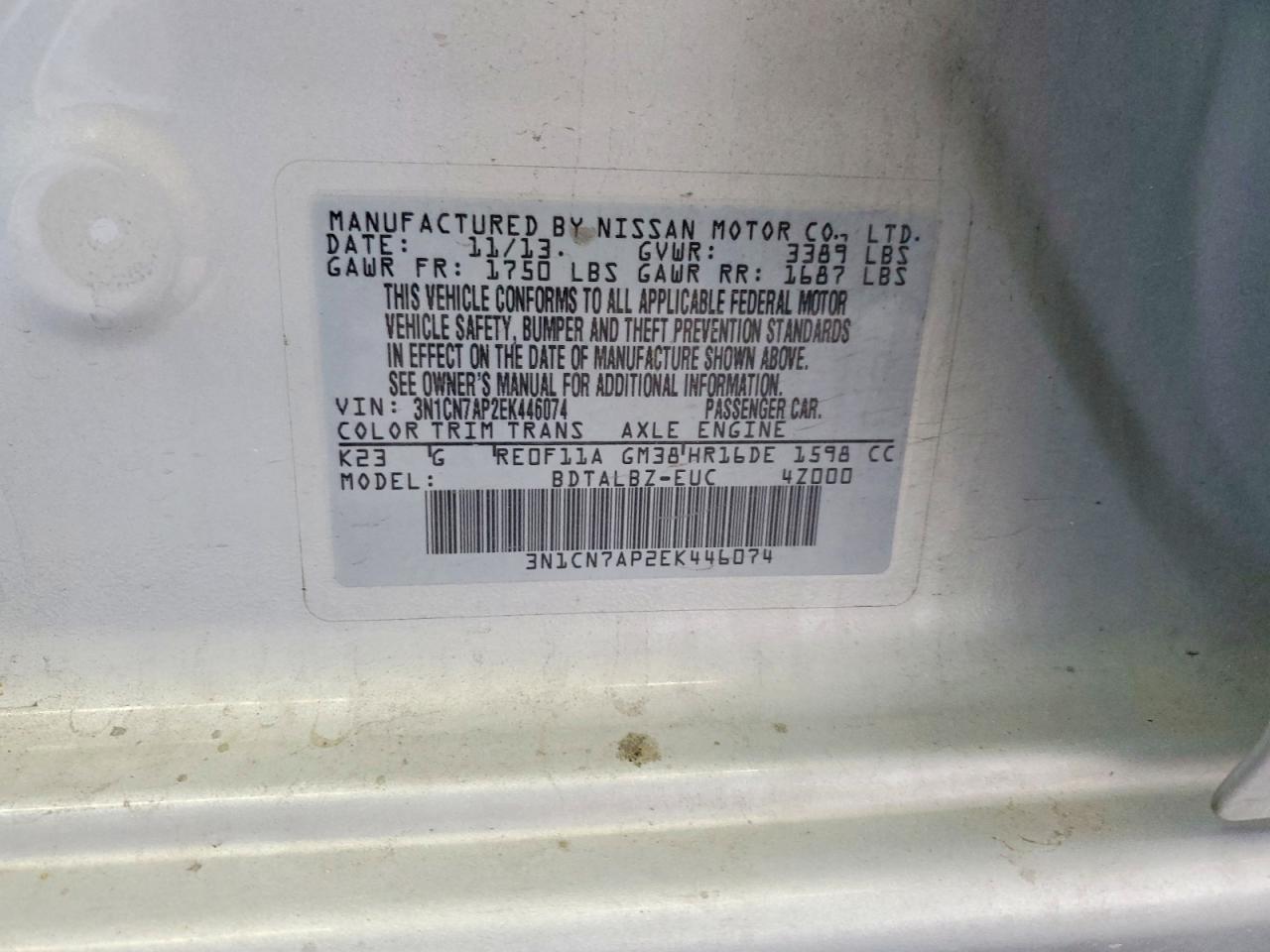 2014 Nissan Versa 1.6 Sv Серебряный vin: 3N1CN7AP2EK446074