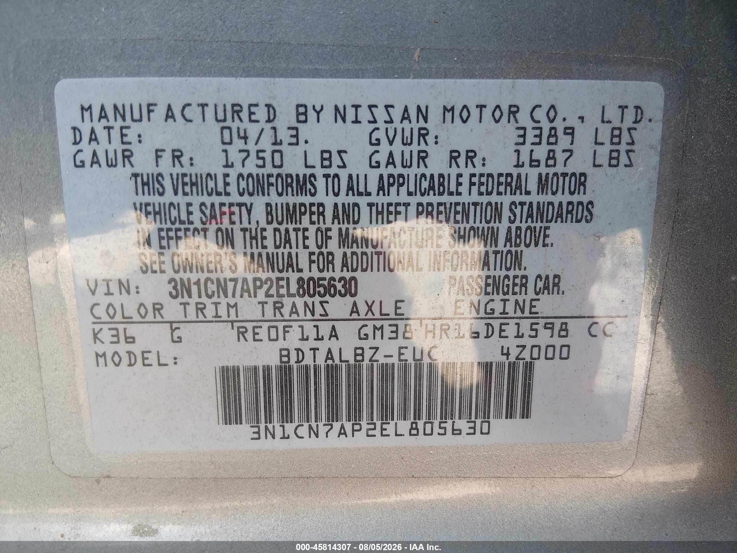 2014 Nissan Versa 1.6 Sv Gray vin: 3N1CN7AP2EL805630