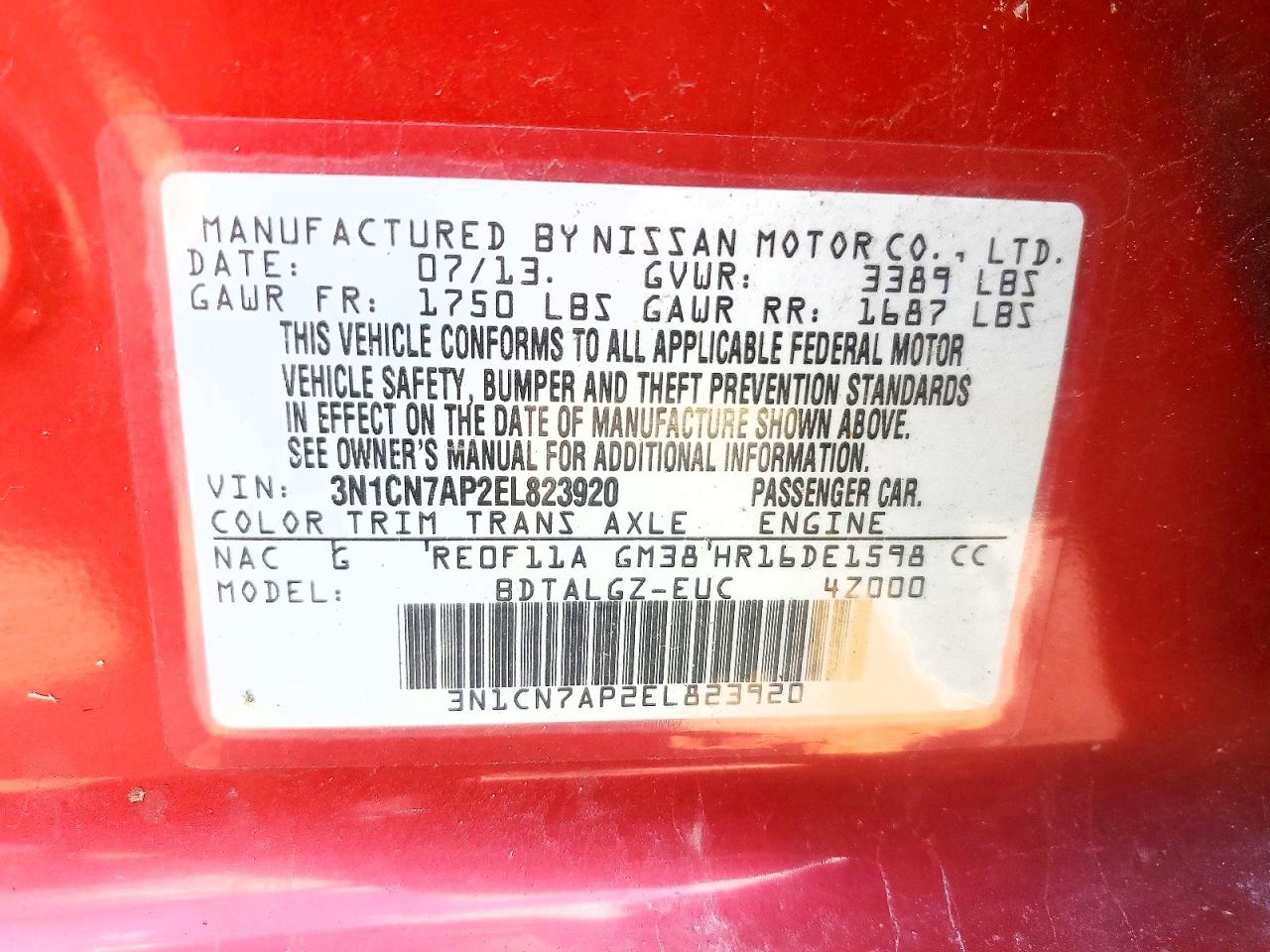 2014 Nissan Versa Red vin: 3N1CN7AP2EL823920