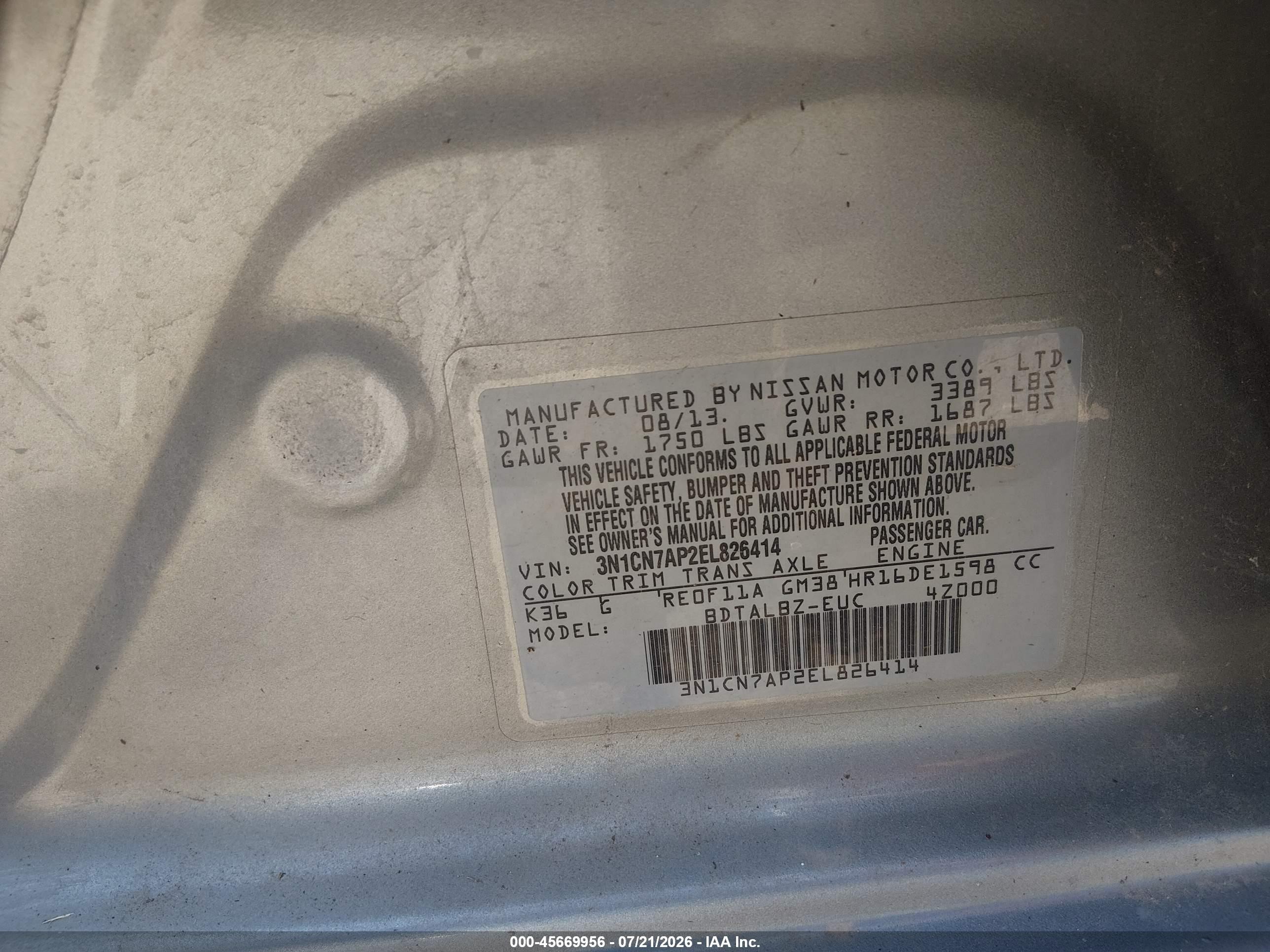 2014 Nissan Versa 1.6 Sv Gray vin: 3N1CN7AP2EL826414