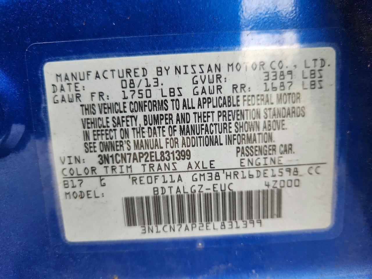 2014 Nissan Versa 1.6 Sl Blue vin: 3N1CN7AP2EL831399