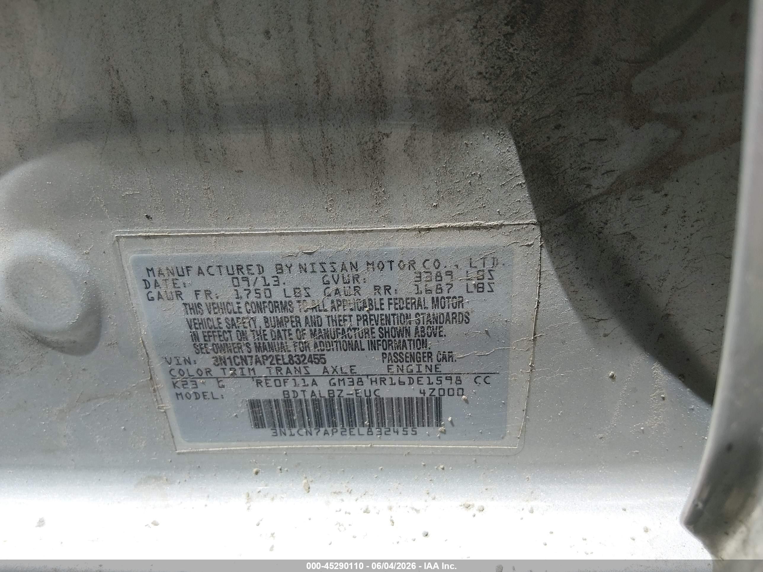 2014 Nissan Versa 1.6 Sv Silver vin: 3N1CN7AP2EL832455