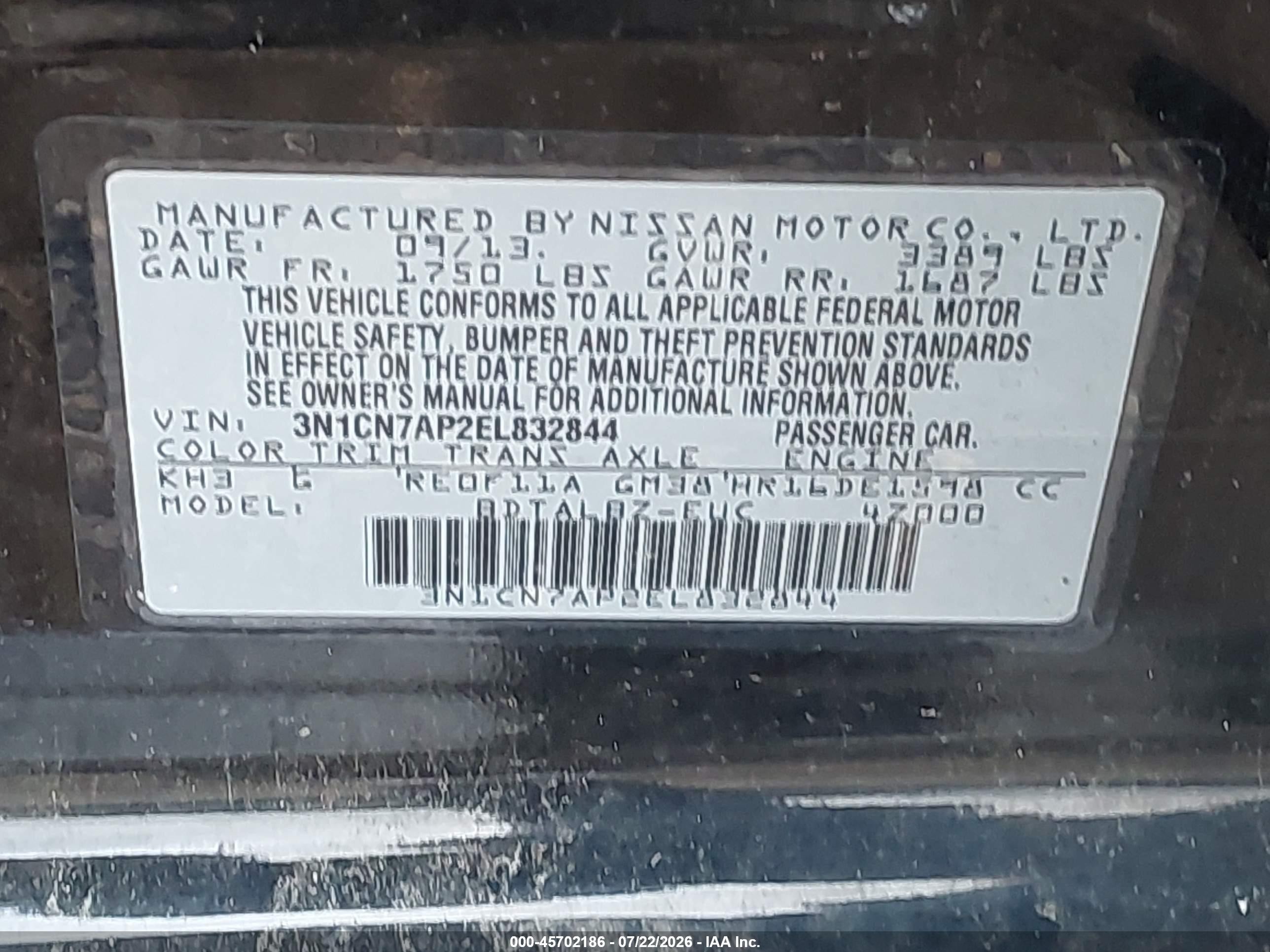 2014 Nissan Versa 1.6 Sv Black vin: 3N1CN7AP2EL832844