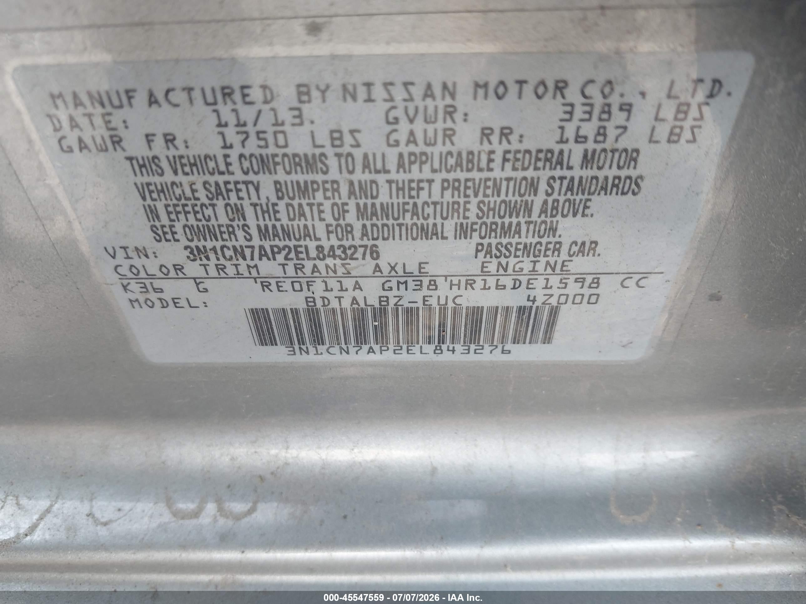 2014 Nissan Versa 1.6 Sv Gray vin: 3N1CN7AP2EL843276