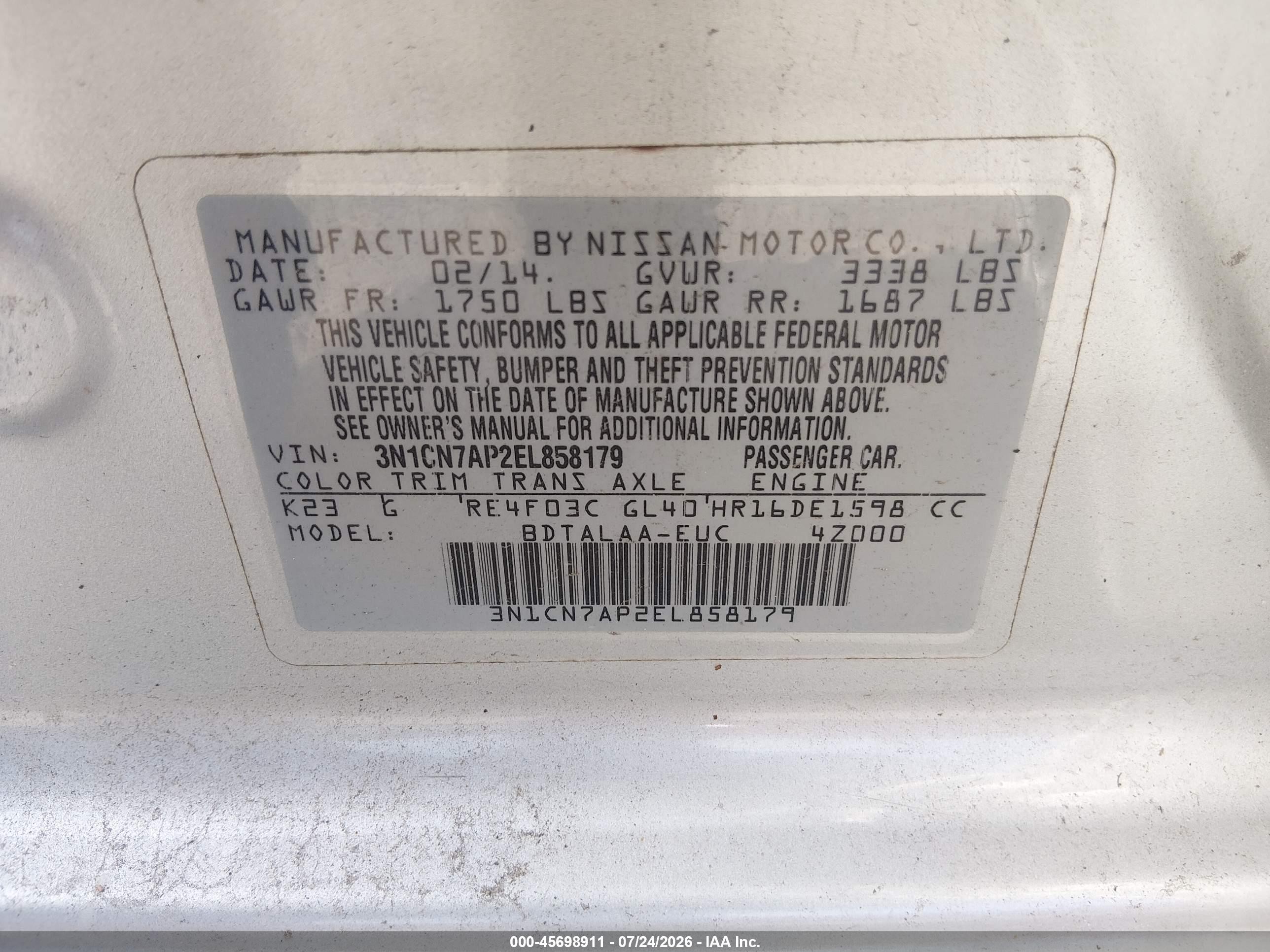 2014 Nissan Versa 1.6 S Silver vin: 3N1CN7AP2EL858179