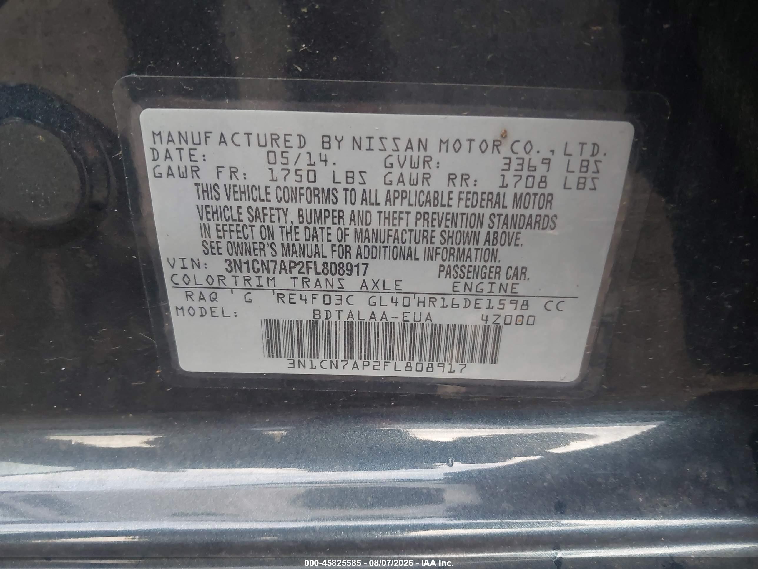 2015 Nissan Versa 1.6 S Blue vin: 3N1CN7AP2FL808917
