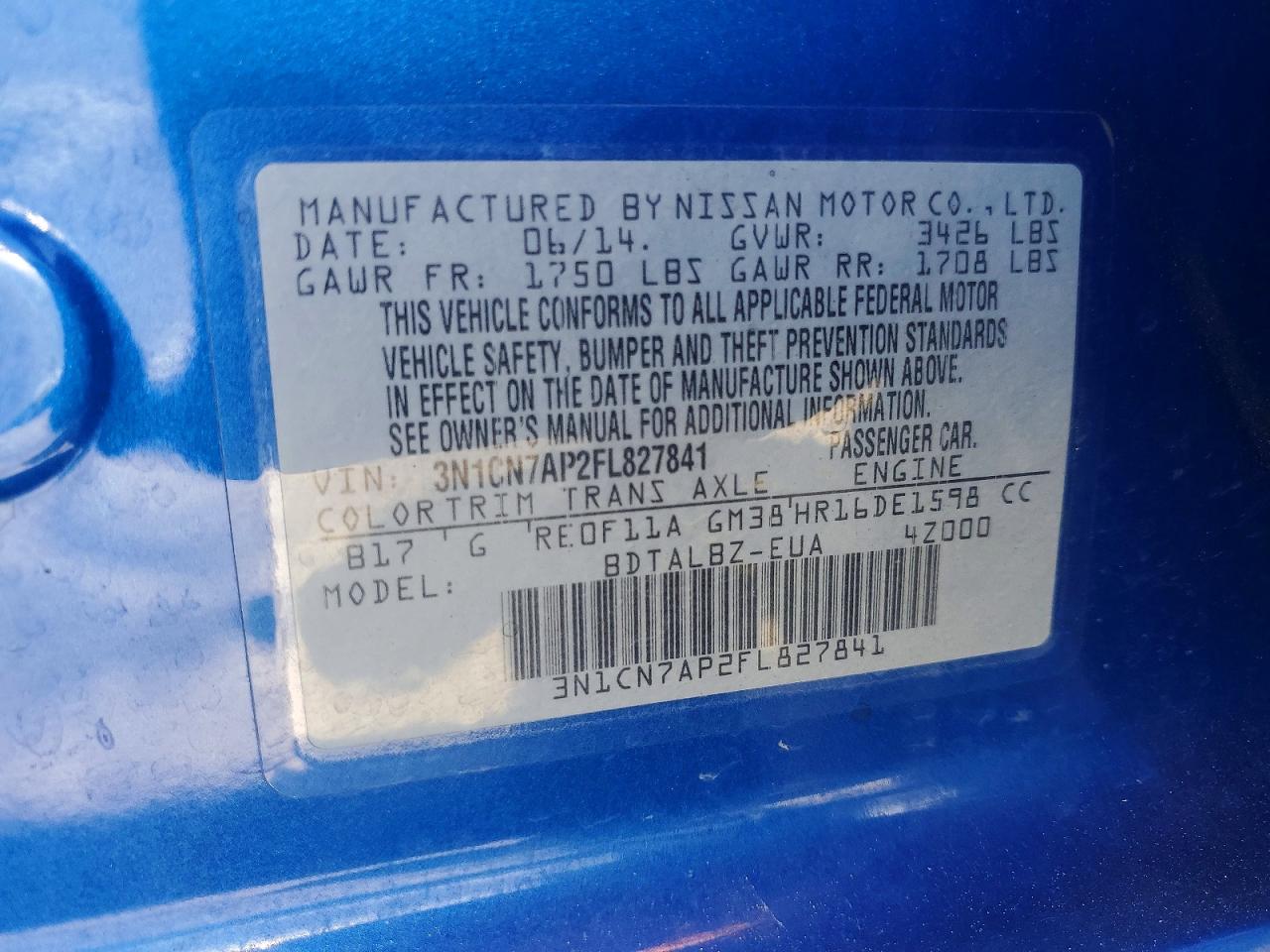 2015 Nissan Versa 1.6 Sv Blue vin: 3N1CN7AP2FL827841