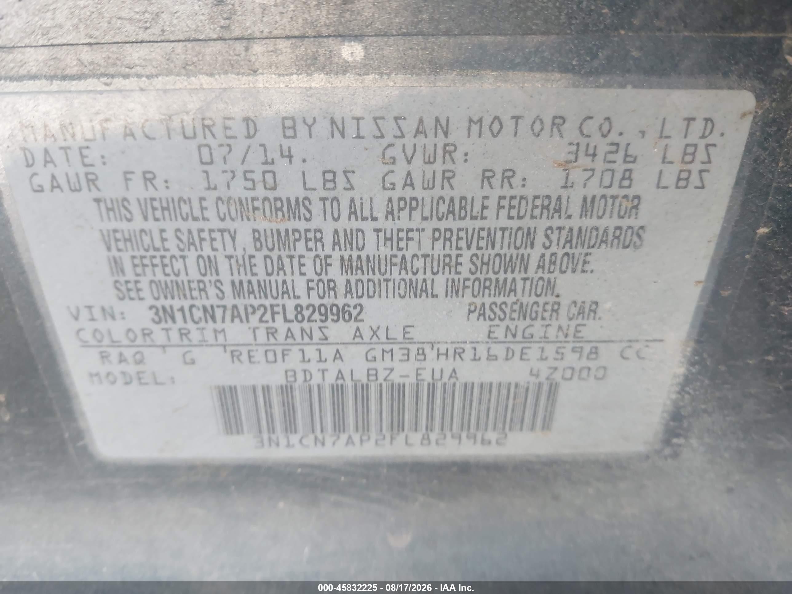 2015 Nissan Versa 1.6 Sv Blue vin: 3N1CN7AP2FL829962