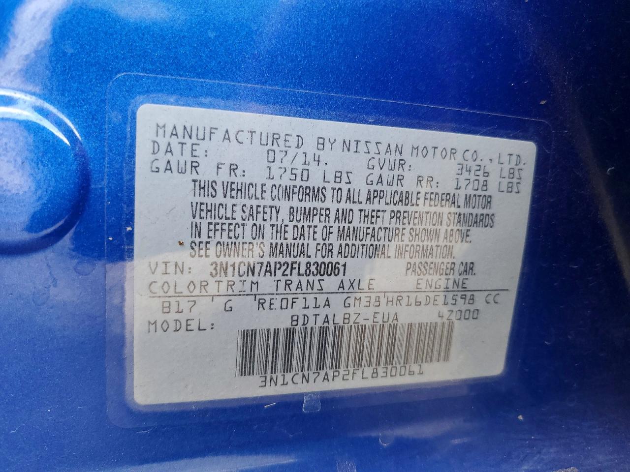 2015 Nissan Versa 1.6 Sv Blue vin: 3N1CN7AP2FL830061