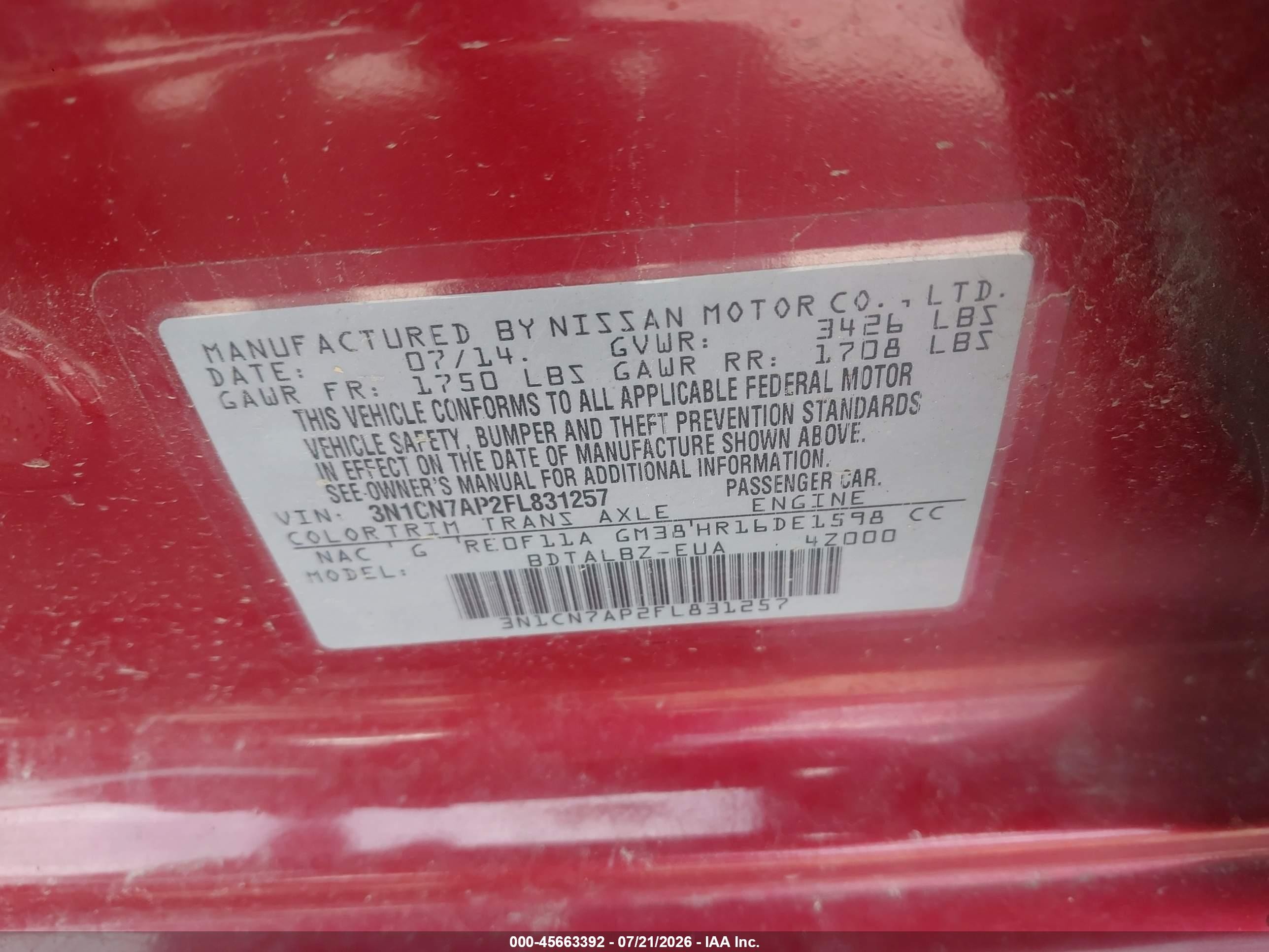 2015 Nissan Versa 1.6 Sv Red vin: 3N1CN7AP2FL831257