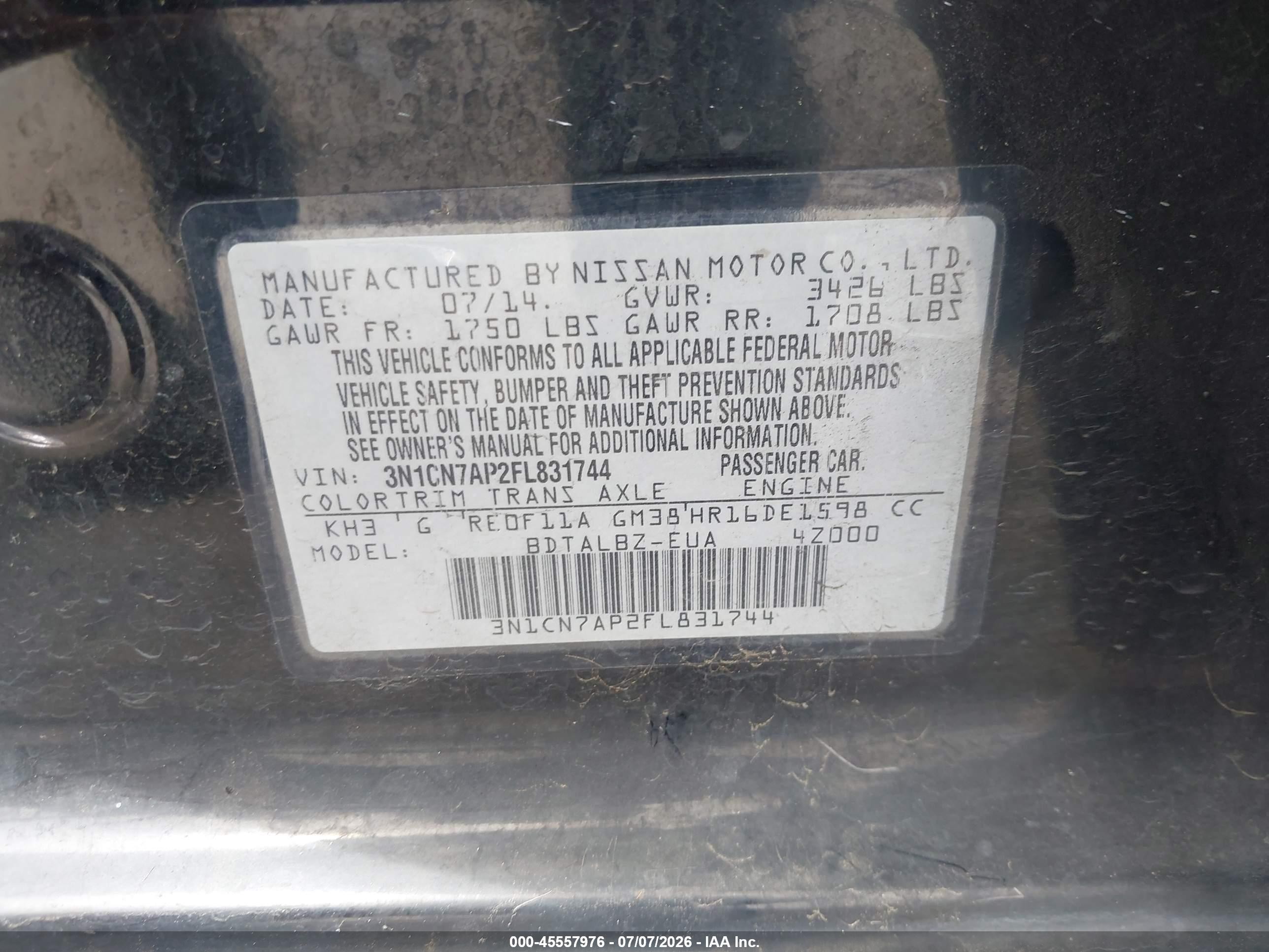 2015 Nissan Versa 1.6 Sv Black vin: 3N1CN7AP2FL831744