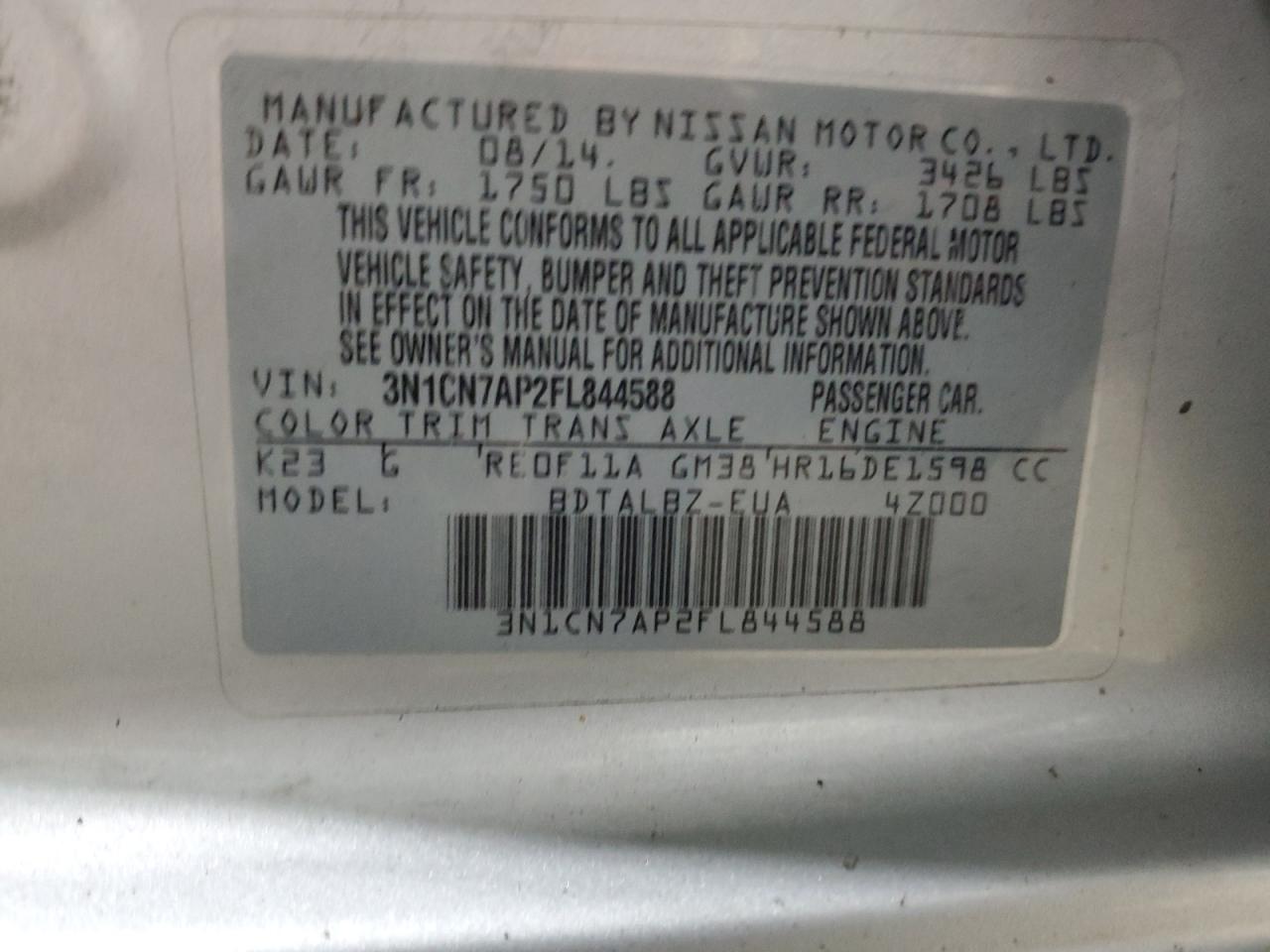 2015 Nissan Versa S Серебряный vin: 3N1CN7AP2FL844588