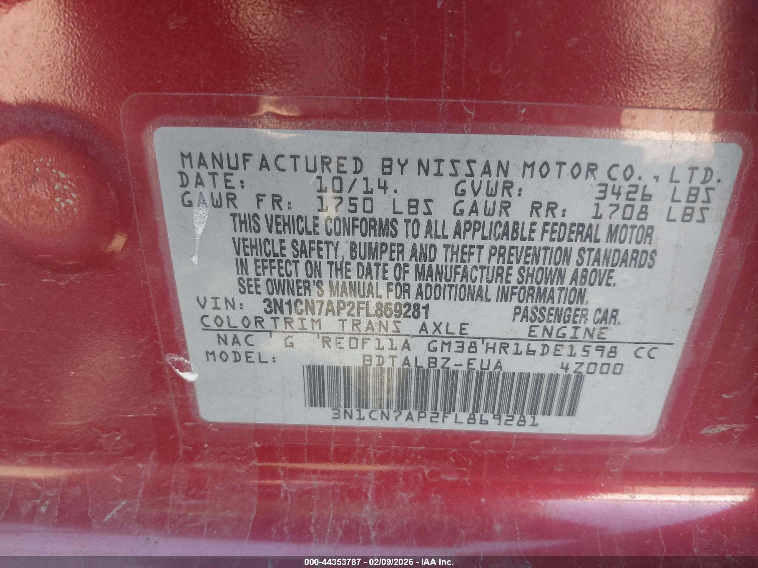 2015 Nissan Versa 1.6 S/1.6 S+/1.6 Sl/1.6 Sv Red vin: 3N1CN7AP2FL869281