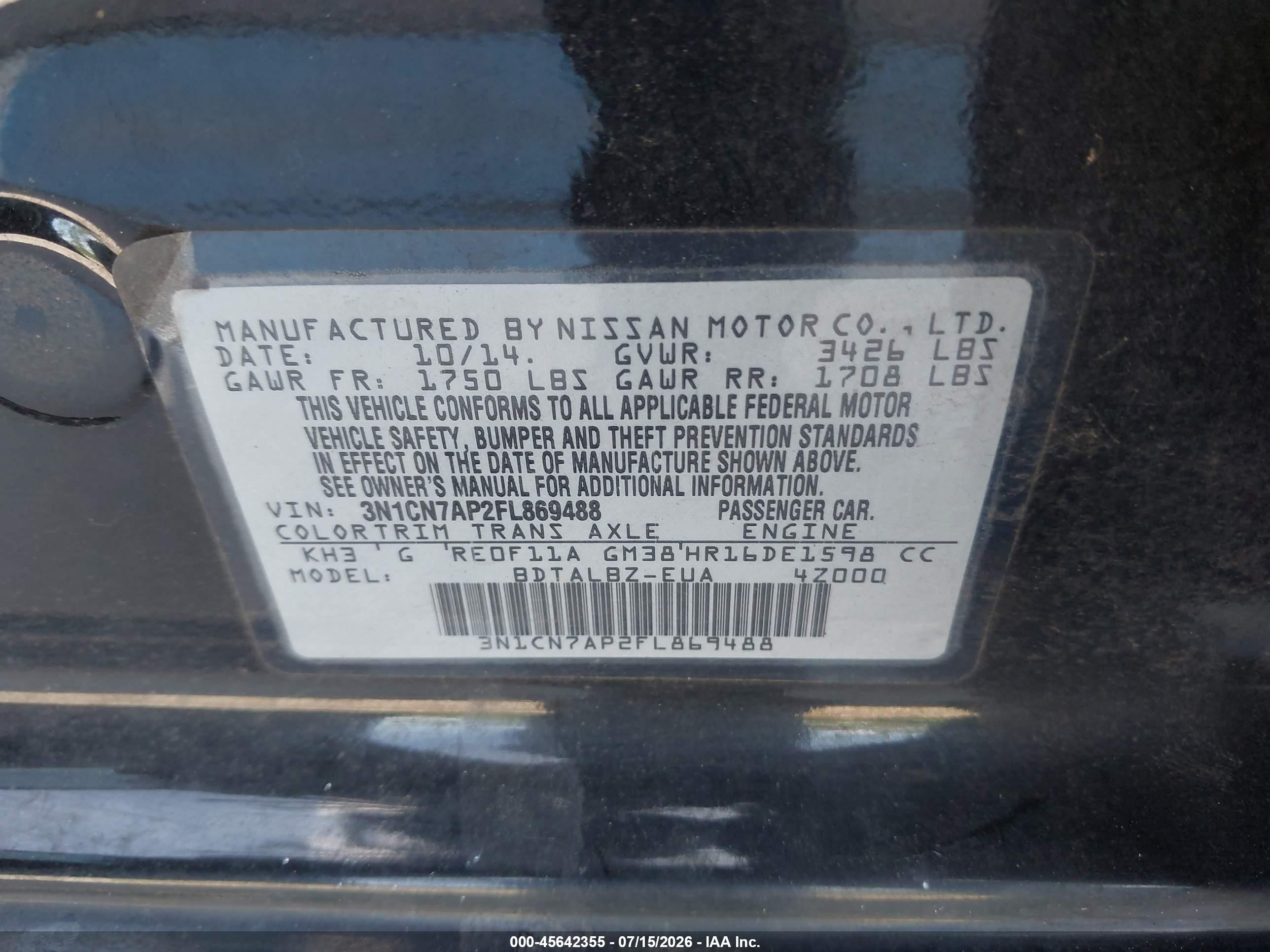 2015 Nissan Versa 1.6 Sv Black vin: 3N1CN7AP2FL869488