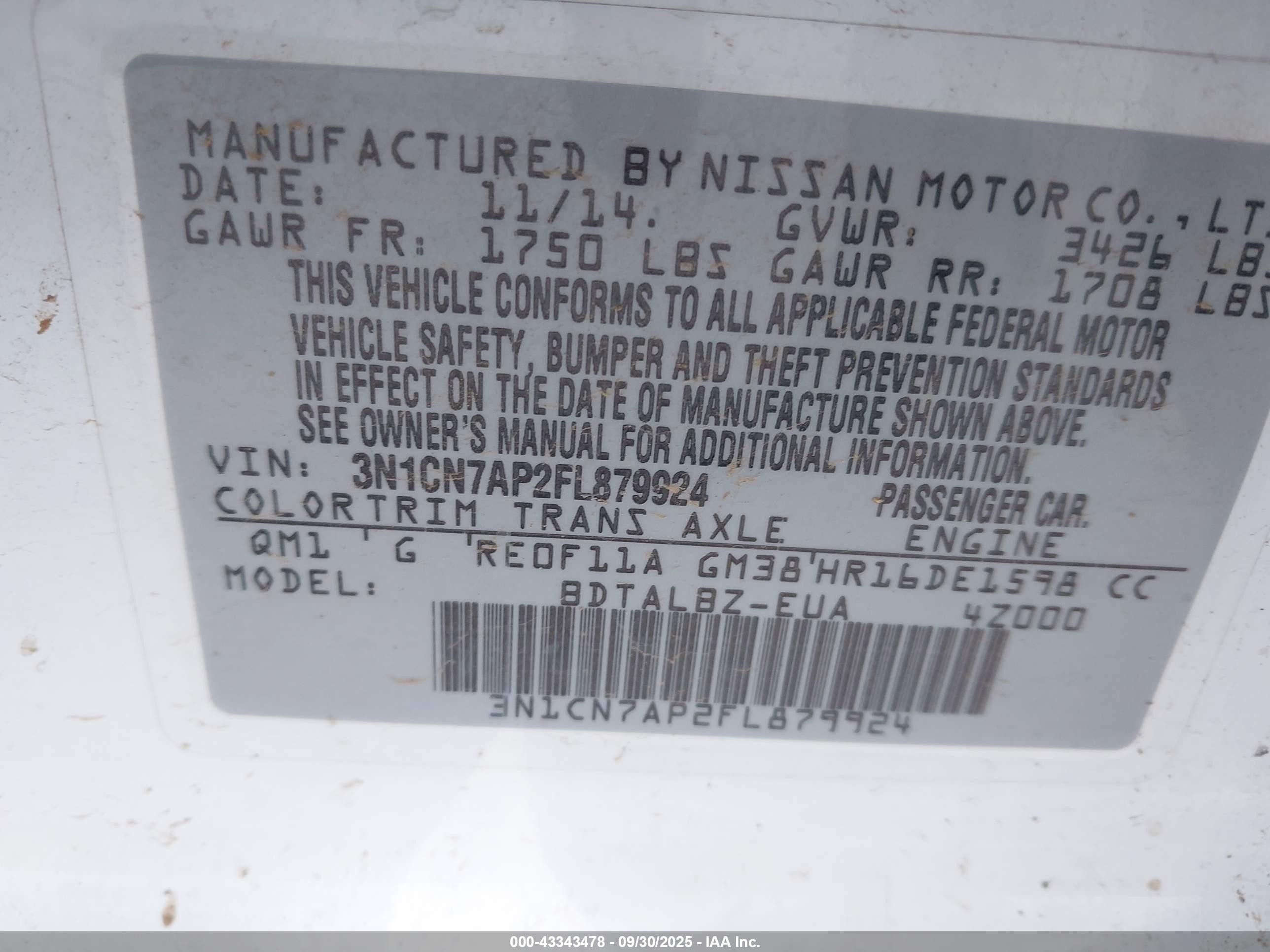 2015 Nissan Versa 1.6 S/1.6 S+/1.6 Sl/1.6 Sv White vin: 3N1CN7AP2FL879924