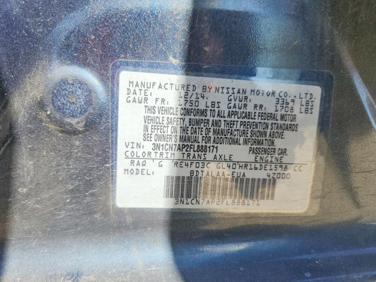 2015 Nissan Versa 1.6 S Синий vin: 3N1CN7AP2FL888171