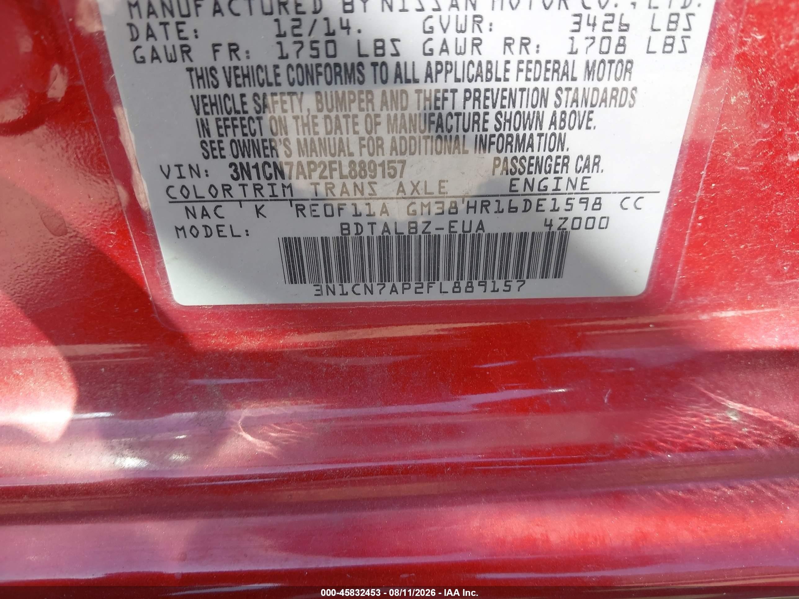 2015 Nissan Versa 1.6 Sv Maroon vin: 3N1CN7AP2FL889157