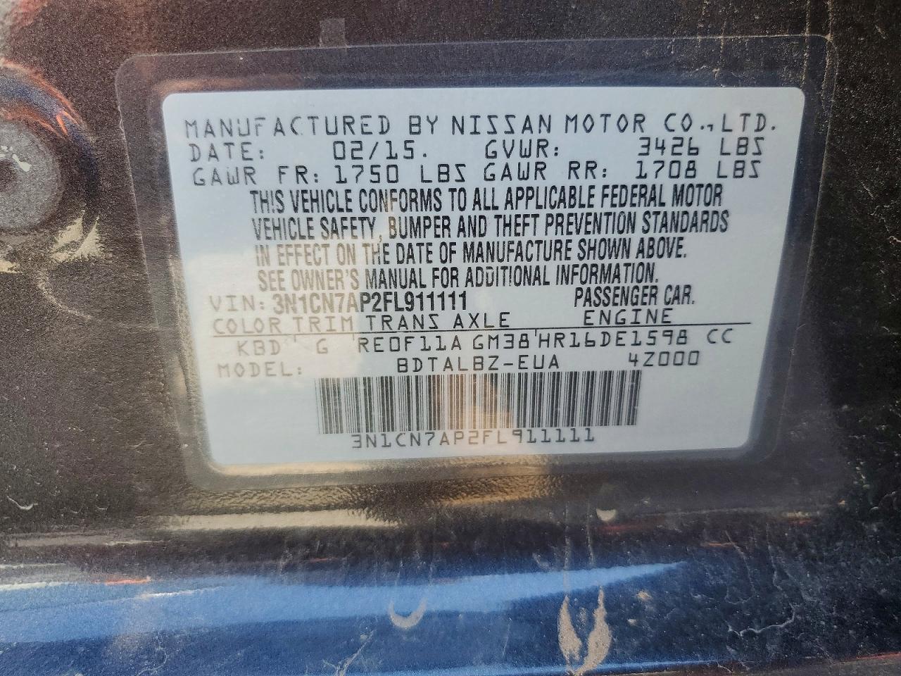 2015 Nissan Versa 1.6 Sv Gray vin: 3N1CN7AP2FL911111
