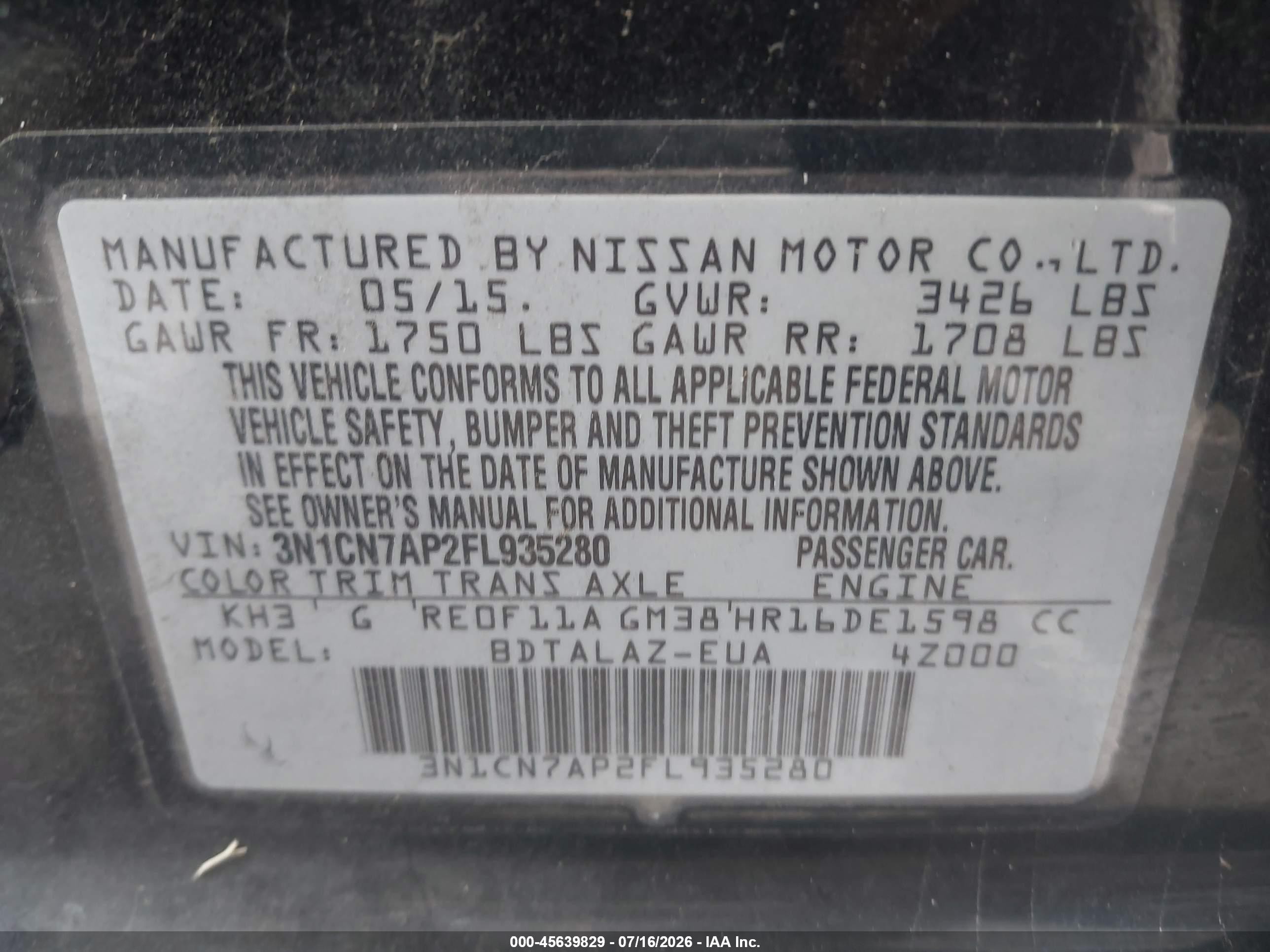 2015 Nissan Versa 1.6 S/1.6 S+/1.6 Sl/1.6 Sv Black vin: 3N1CN7AP2FL935280