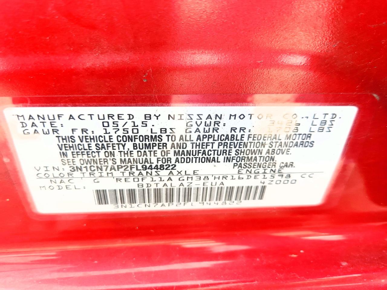 2015 Nissan Versa 1.6 S Plus Red vin: 3N1CN7AP2FL944822